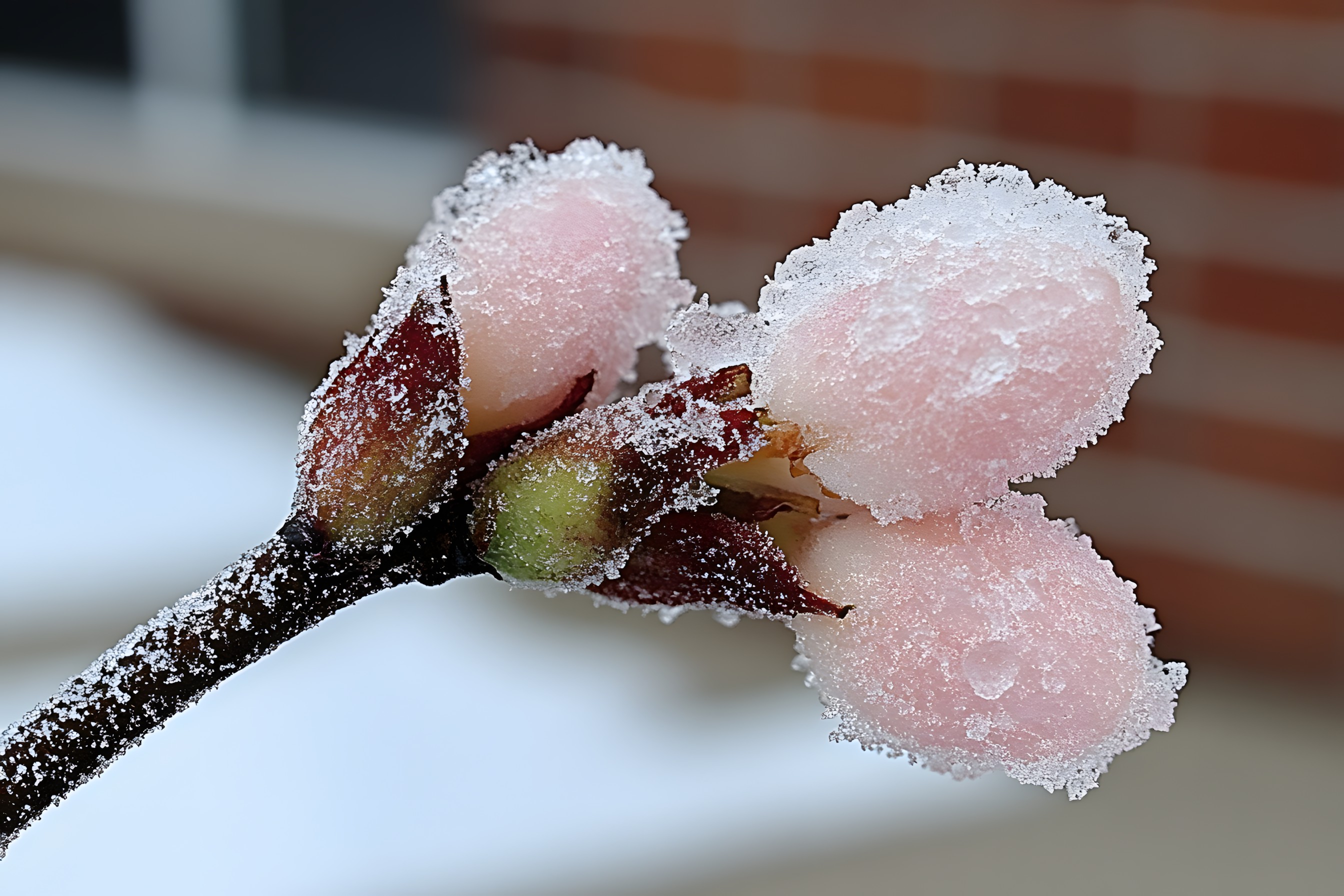 Snow, Twig, Winter, Bud, Close-up, Freezing, Frost, Plant stem, Macro photography, Precipitation, Blossom