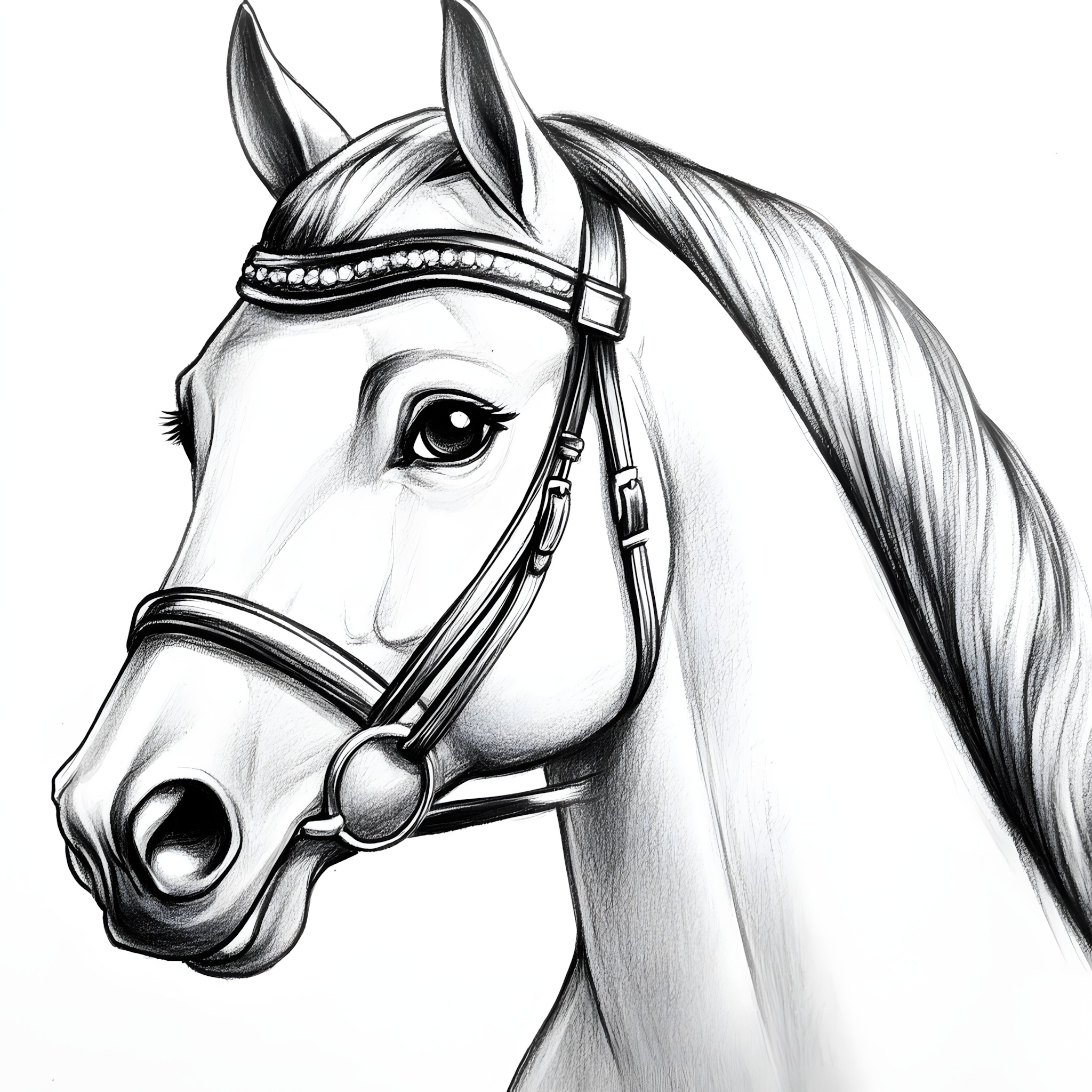 White, Horse, Line art, Snout, Coloring book, Mane, Clip art, Mare, Horse Supplies, Sketch, Working animal, Horse tack, Bridle, Pack animal