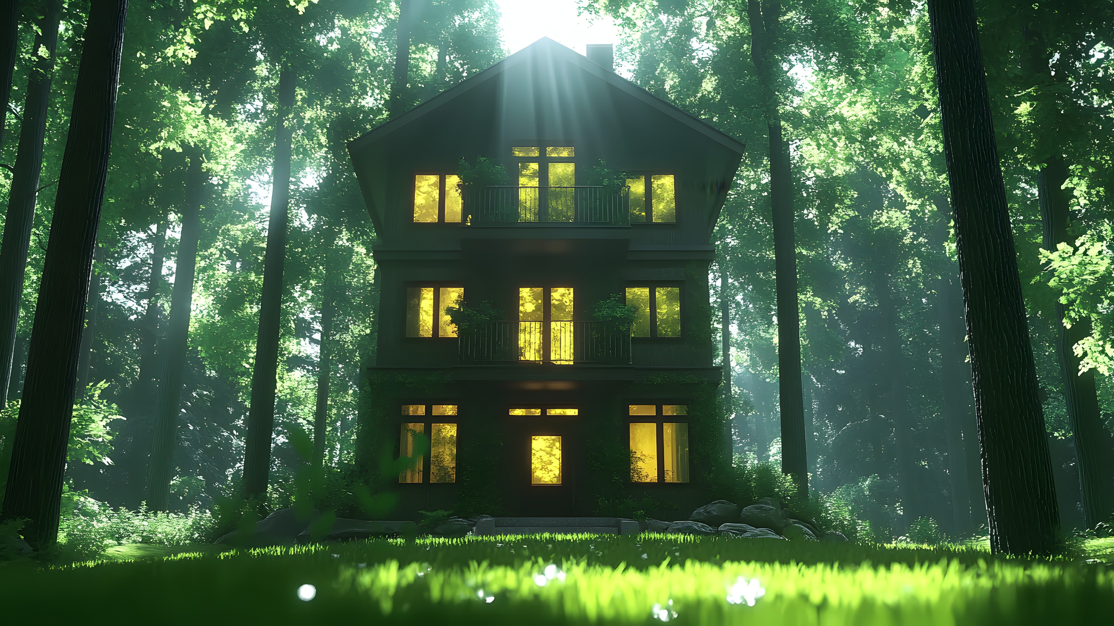 Nature, Branch, House, Home, Forest, Cottage, Trunk, Woody plant, Tree house, Woodland, Garden buildings, Old-growth forest, Temperate broadleaf and mixed forest, Log cabin, Hut, Mist