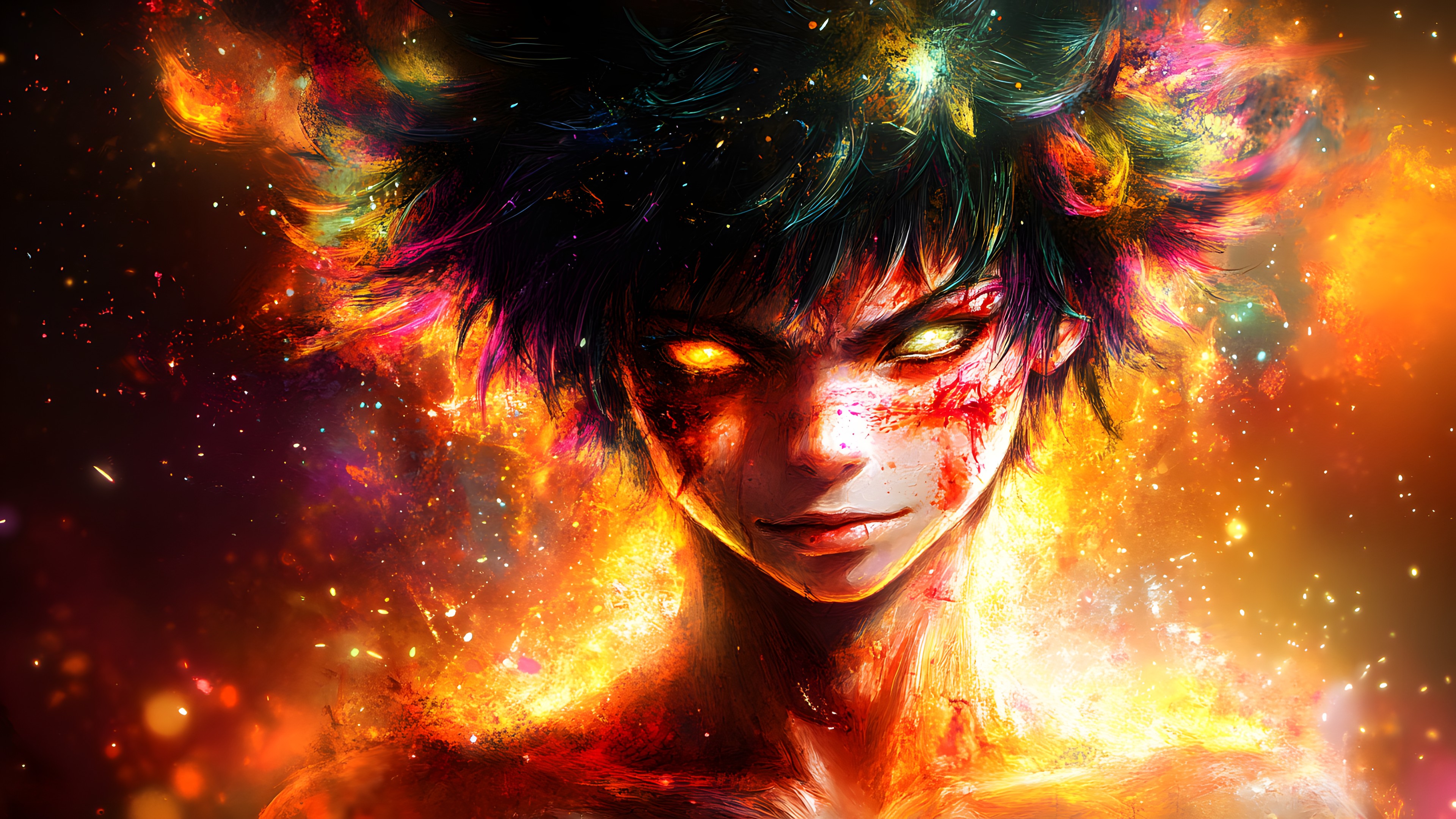 Red, Facial expression, Orange, Fictional character, CG artwork, Anime, Animation, Animated cartoon, Fiction, Graphics, Fire, Graphic design, Liberty spikes