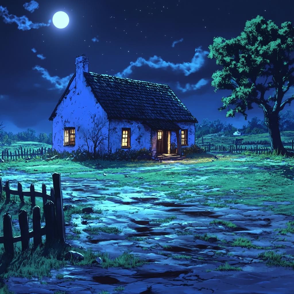 Blue, Astronomical object, Moon, House, Moonlight, Cottage, Night, Hut, Full moon, Celestial event, Shed, Evening, Shack, Animation, Village, Midnight, Star, Garden buildings, Farmhouse, Barn