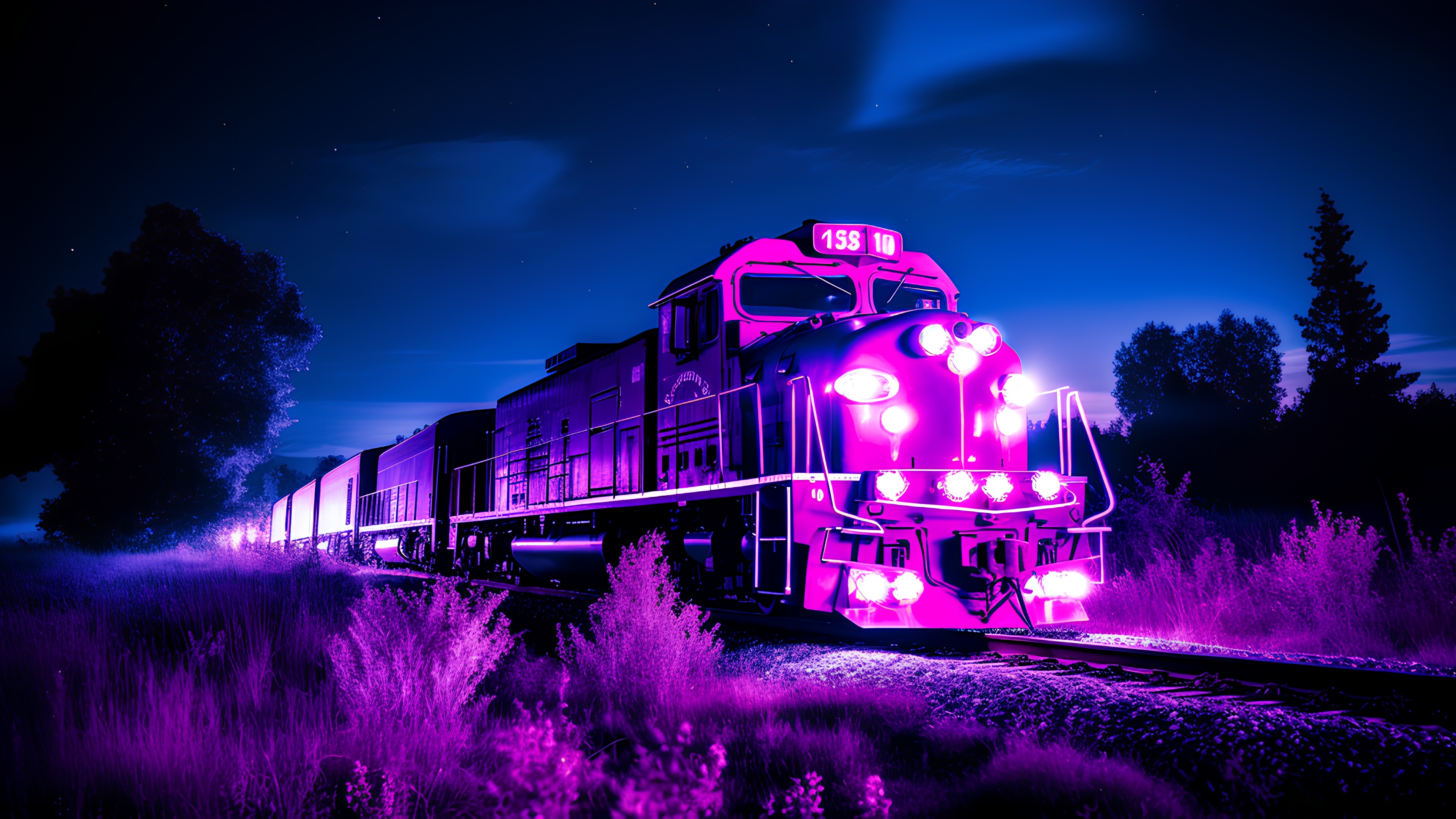 Train, Sky, Plant, Blue, Vehicle, Purple, Light, Wheel, Automotive lighting, Rolling stock, Tree, Electricity, Track, Railway, Violet, Rolling, Pink, Building, Locomotive, Rural area