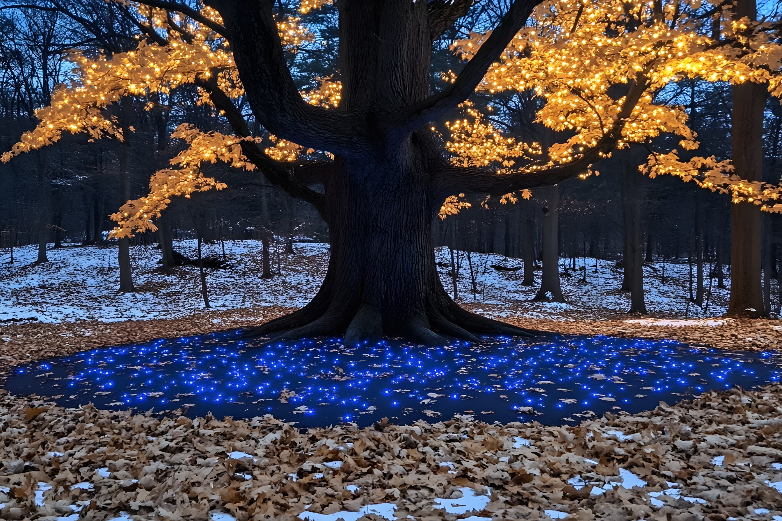 Blue, Trunk, Woody plant, Autumn, Woodland, Night