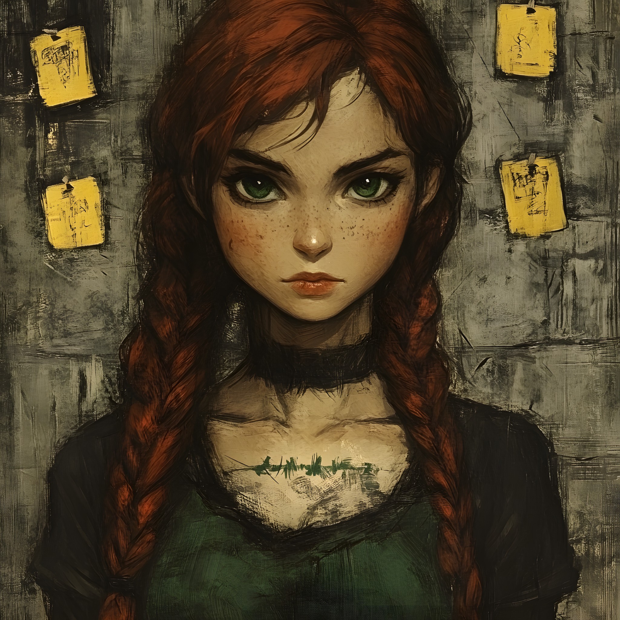 Eye, Red hair, Long hair, Fictional character, Brown hair, Animated cartoon, CG artwork, Animation, Portrait, Gothic fashion, Goth subculture, No expression, Feathered hair, Watercolor painting, Fiction, Fashion illustration, Bangs