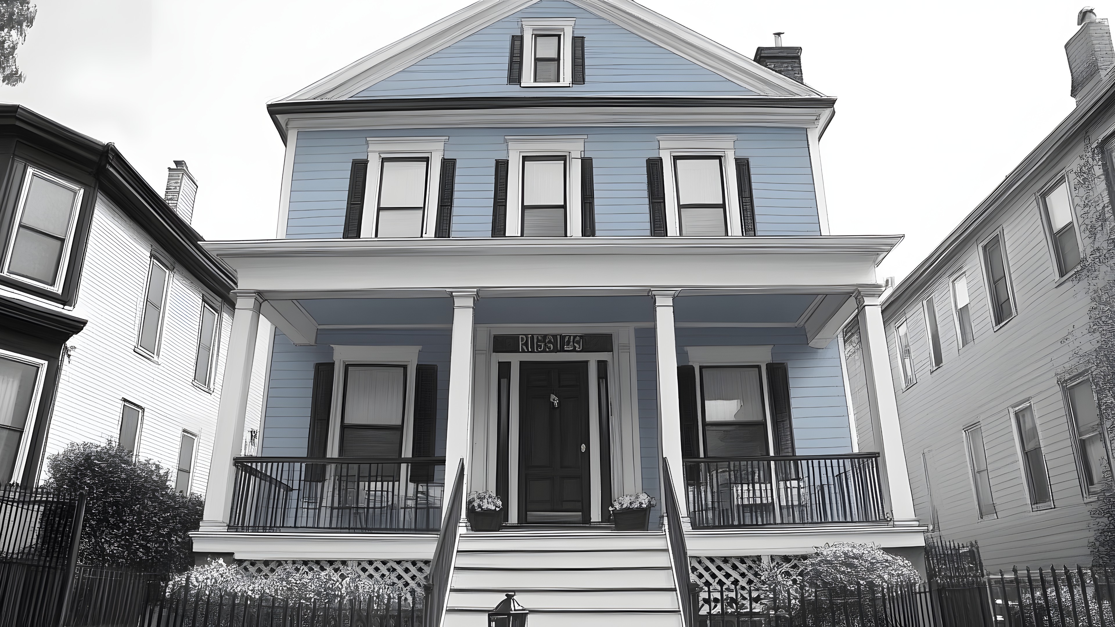 Blue, Building, Window, Siding, Home, Facade, House, Residential area, Composite material, Door, Porch, Stairs, Grey, Sash window, Molding, Paint, Column, Design, Building material, Home Door