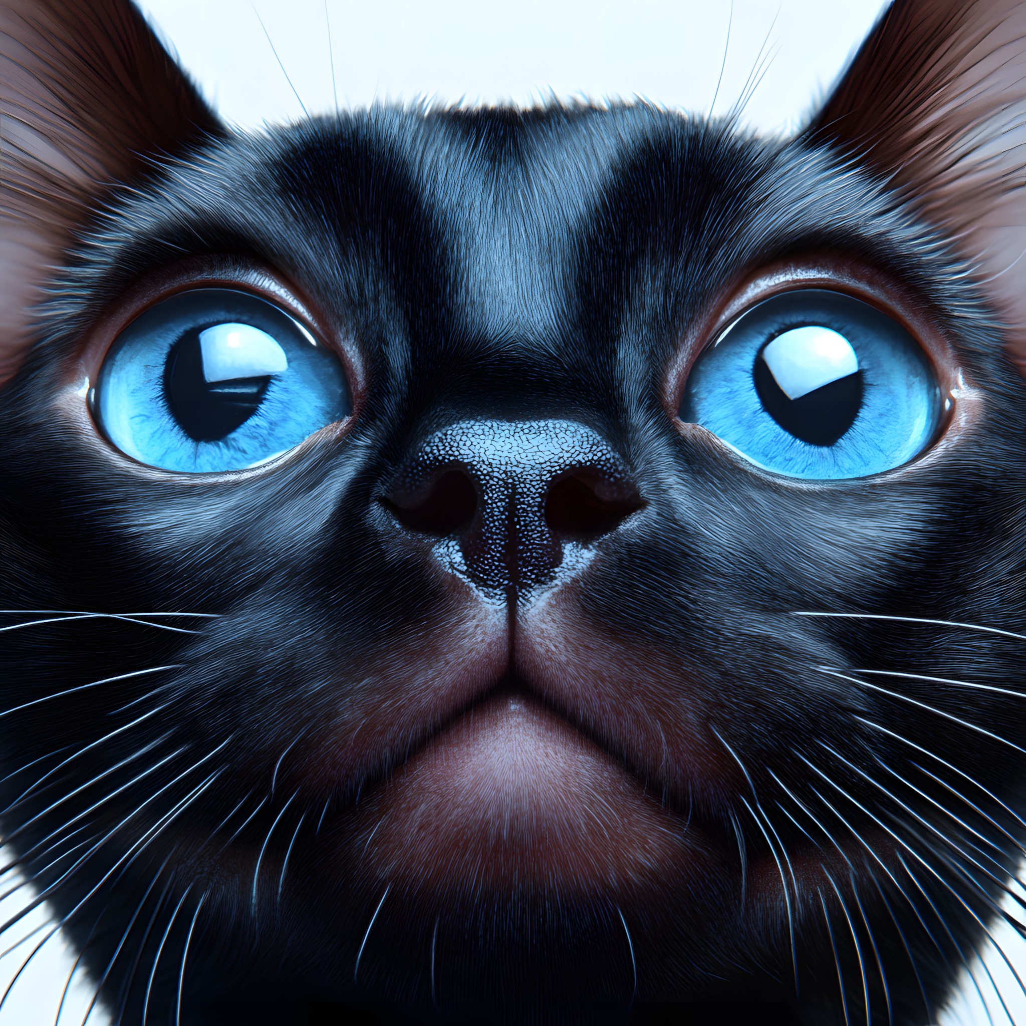 Cat, Facial expression, Felinae, Whiskers, Felidae, Snout, Black, Iris, Close-up, Grey, Fur, Black cat, Ojos Azules