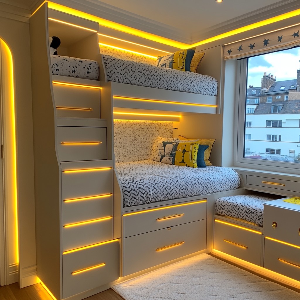 Bedroom, Interior design, Bed, Bunk bed, Bedding, Furniture, Lighting, Floor, Bed sheet, Room, Ceiling, Linens, Pillow, Throw pillow, Bed frame, Cushion, Mattress, Wood stain, Dormitory, Light fixture