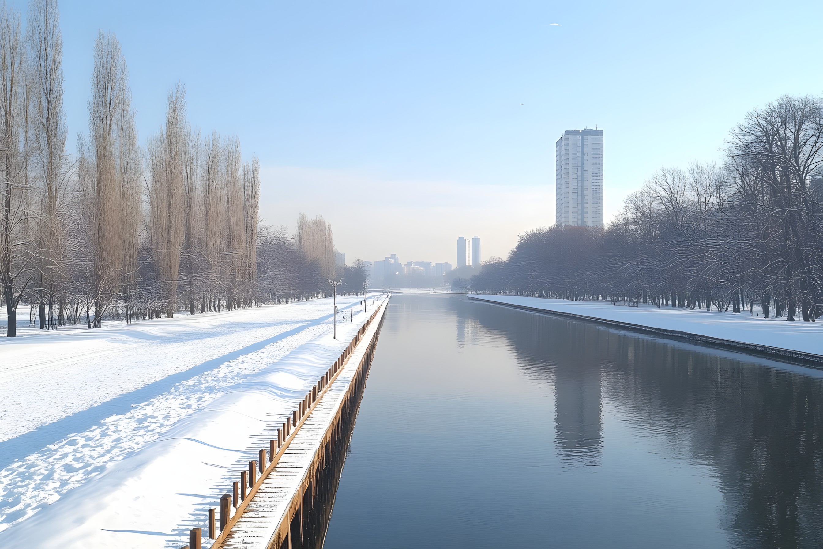 Daytime, Waterway, Skyscraper, Channel, Metropolitan area, Winter, Tower, High-rise building, Reflection, Morning, Freezing, River, Metropolis, Evening, Reservoir, Snow, Canal, Skyline, Bridge, Cityscape