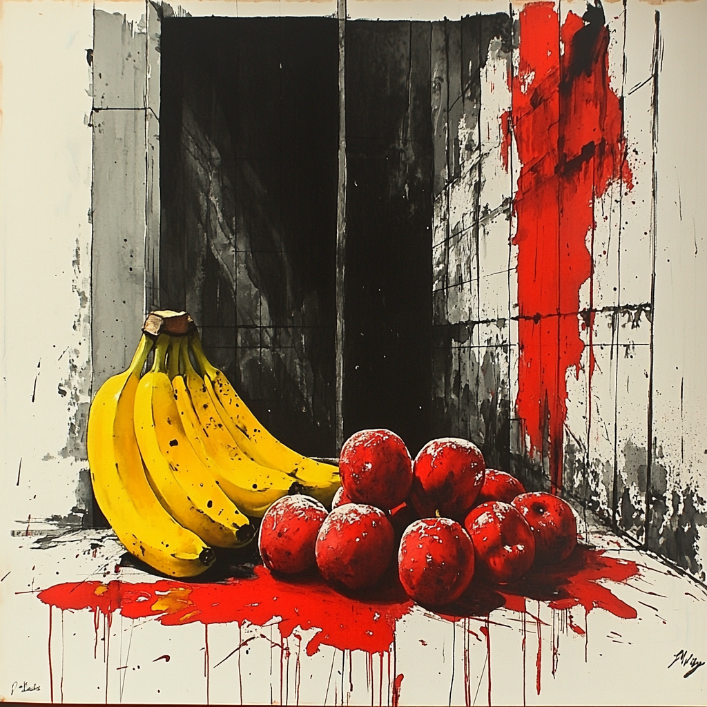Fruit, Produce, Natural foods, Food, Watercolor painting, Paint, Still life, Modern art, Cooking banana, Still life photography, Banana, Food group, Apple, Superfood, Bananas, Art Paint, Acrylic paint, Apples