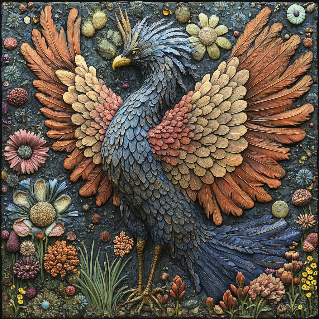Bird, Vertebrate, Wing, Art, Beak, Feather, Relief, Creative arts, Landfowl, Mosaic, Phasianidae, Craft, Peafowl, Motif, Mural