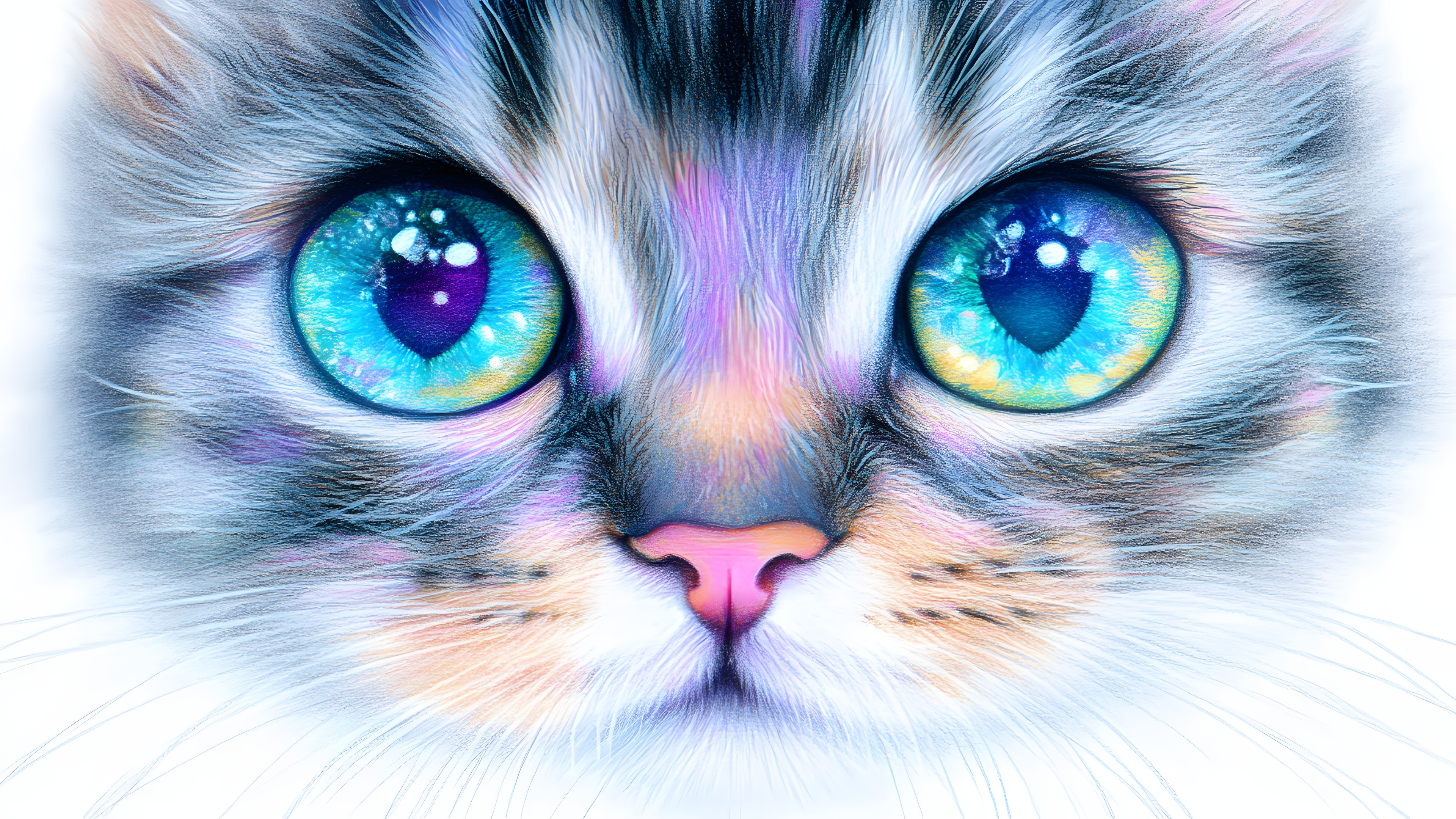 Blue, Cat, Felidae, Felinae, Iris, Whiskers, Facial expression, Snout, Carnivores, Grey, Fur, Ojos Azules, Paint, Graphics, Watercolor painting, Kitten