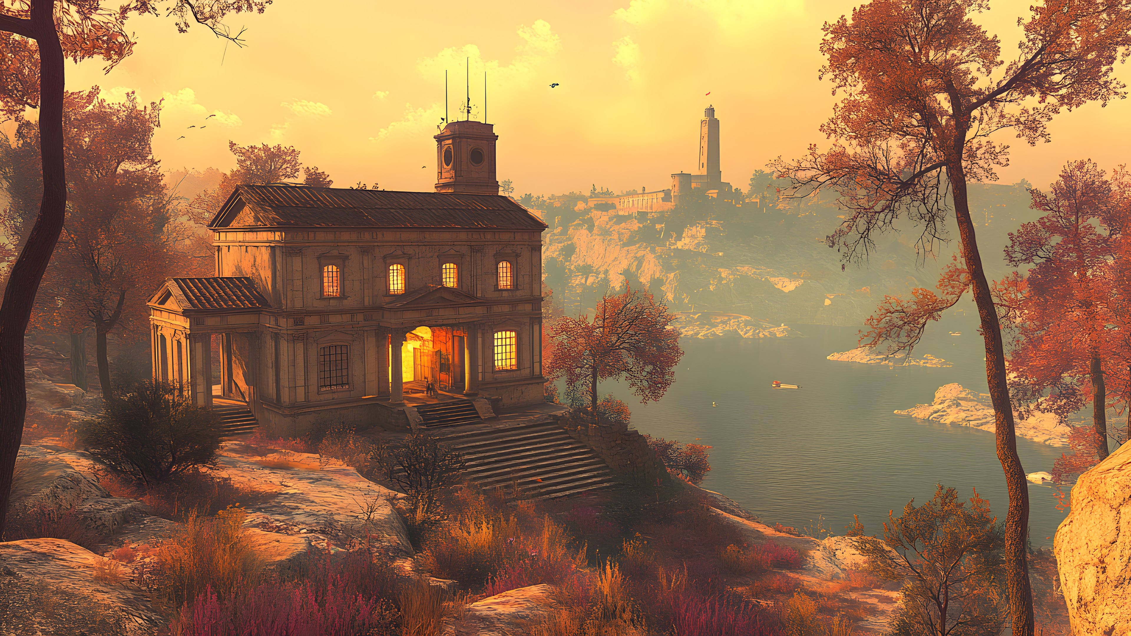 Landscape, Dusk, Evening, Mansion, Dawn, Sunrise, Castle, Village, Sunset, PC game, Digital compositing, Red sky at morning, Mist