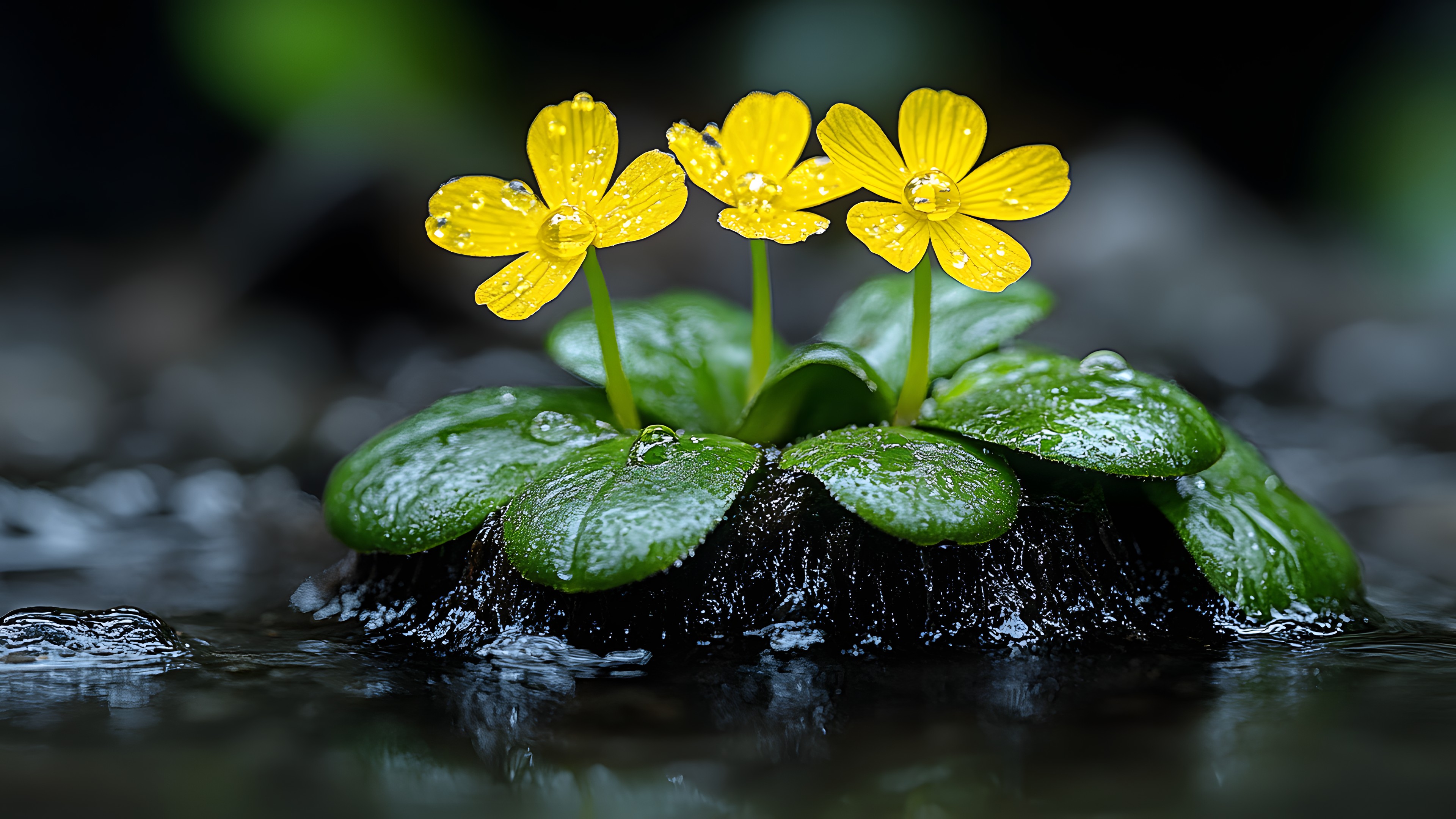 Green, Yellow, Flower, Petal, Close-up, Macro photography, Moisture, Herbaceous plant, Marsh Marigold, Dew, Wildflower, Primrose, Aquatic plant, Wood sorrels, Dicotyledon, Forb