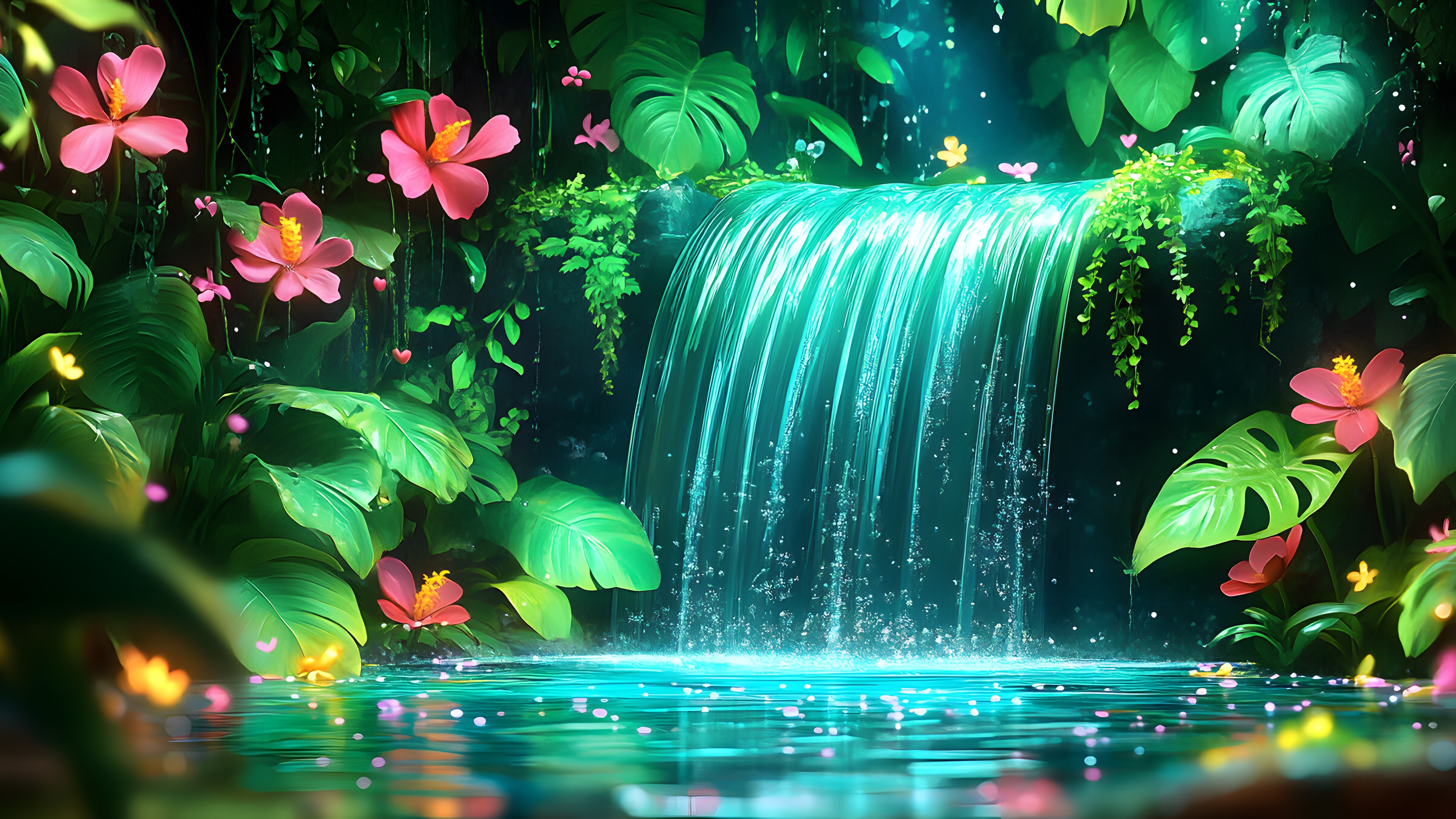 Green, Nature, Garden, Stream, Wallpaper, Graphics, Animation, Water feature, Spring, Waterfall, Rainforest, Graphic design, Aquatic plant, Water lilies