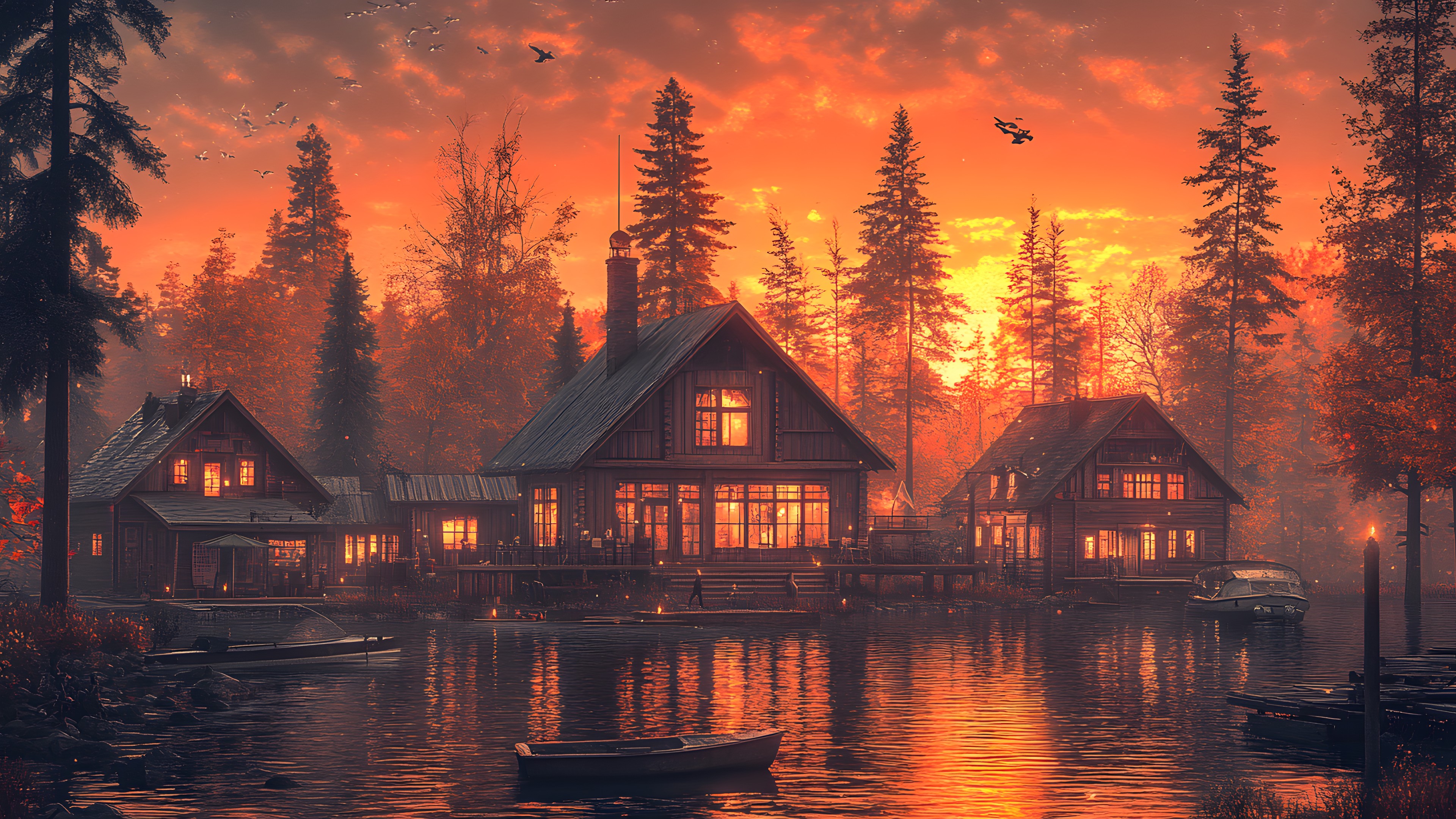 House, Evening, Cottage, Dusk, Home, Reflection, Lake, Sunrise, Log cabin, Sunset, Red sky at morning, Dawn, Hut, Afterglow, Bayou, Lake District, Loch, Boathouse, Larch, Pine family