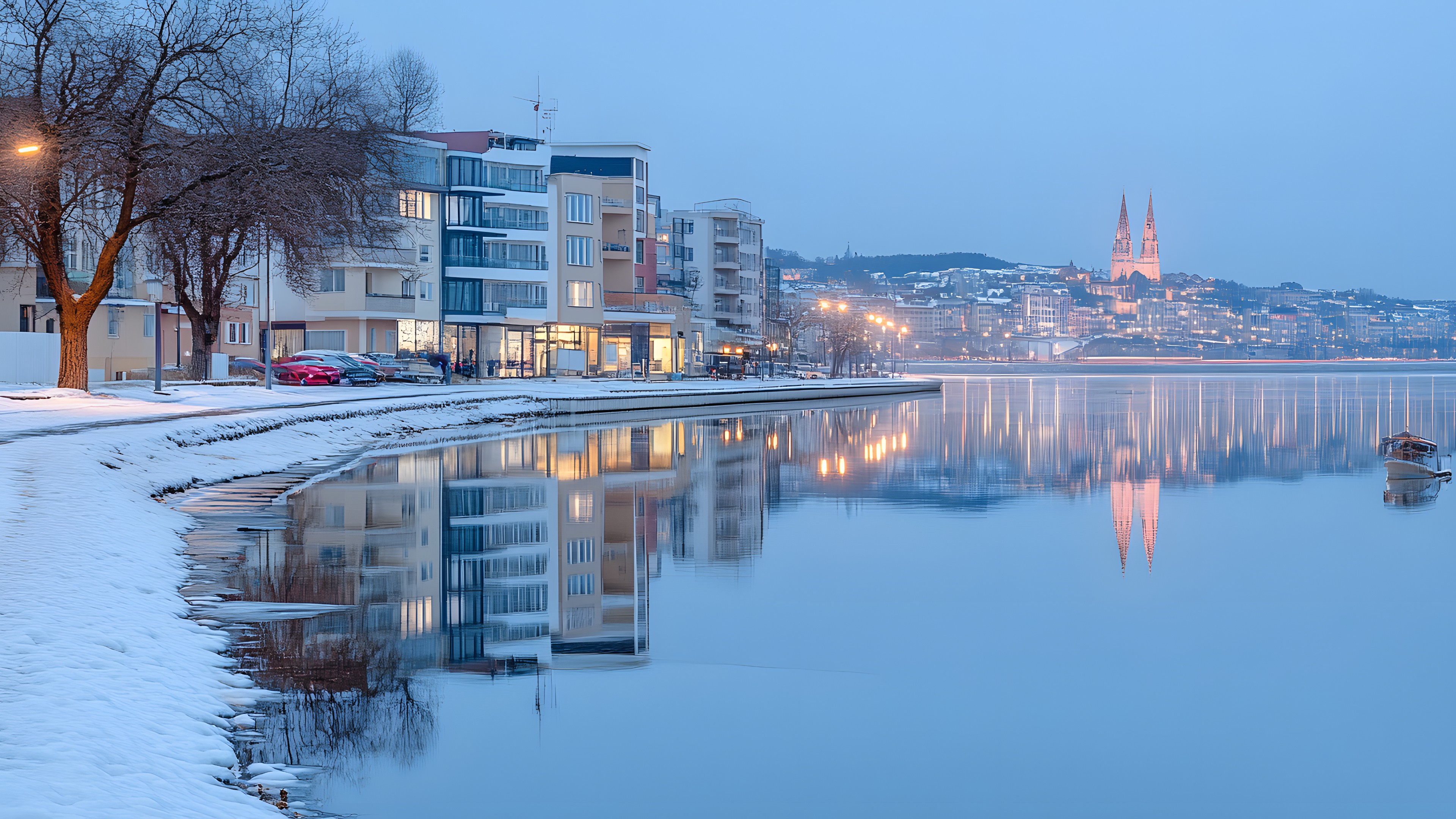 Water, City, Reflection, Lake, Channel, Winter, Apartment, Freezing, Reservoir, Evening, Skyline, Resort town