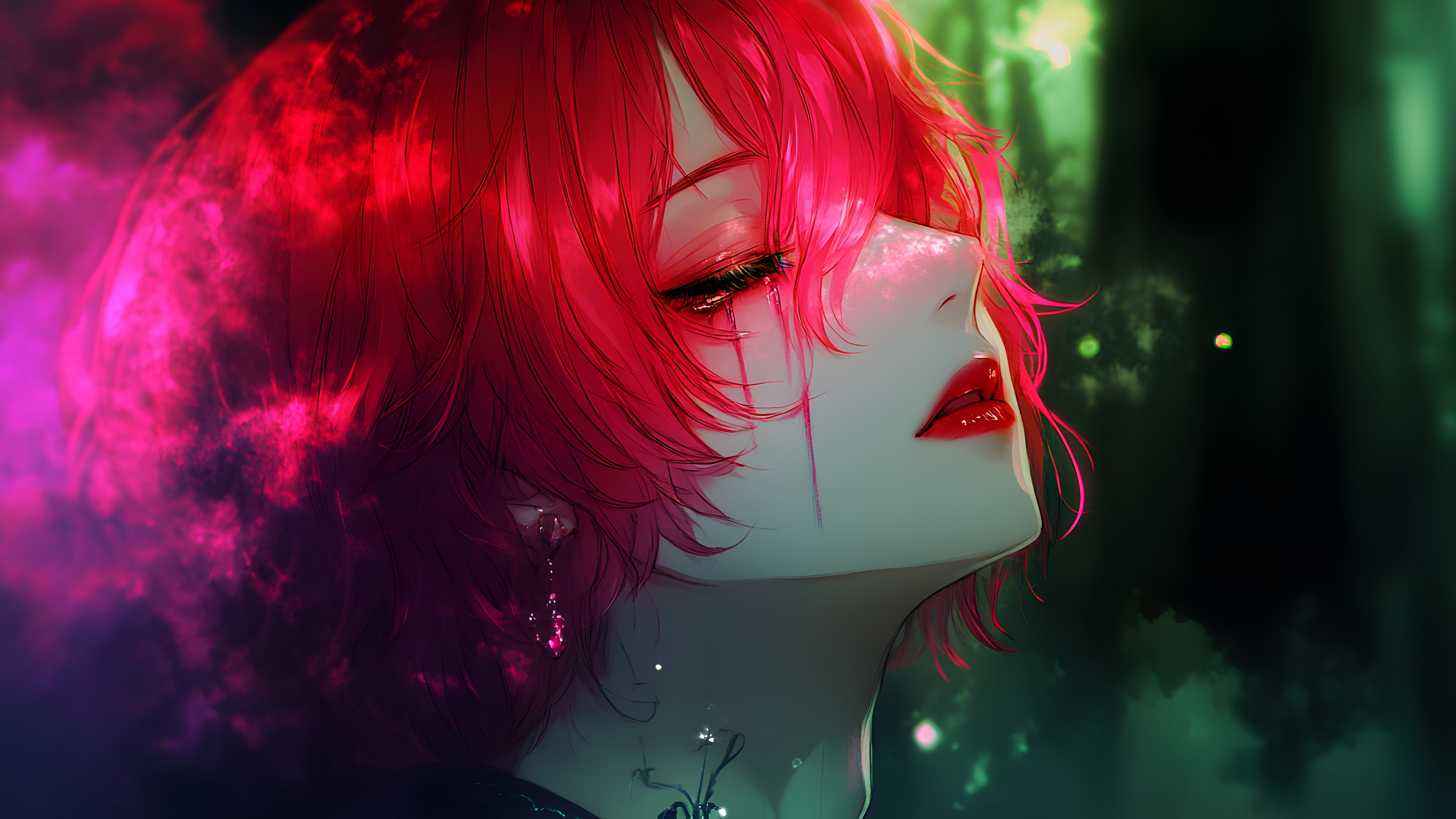 Lips, Red, Facial expression, Red hair, Eyelash, CG artwork, Pink, Fictional character, Long hair, Anime, Cartoon, Bangs, Animation, Hair coloring, Hime cut, Flesh, Wings, Fiction, Graphics, Animated cartoon