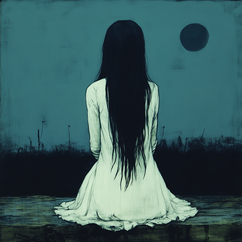 Black hair, Facial expression, Long hair, Moonlight, Moon, Celestial event, Animation