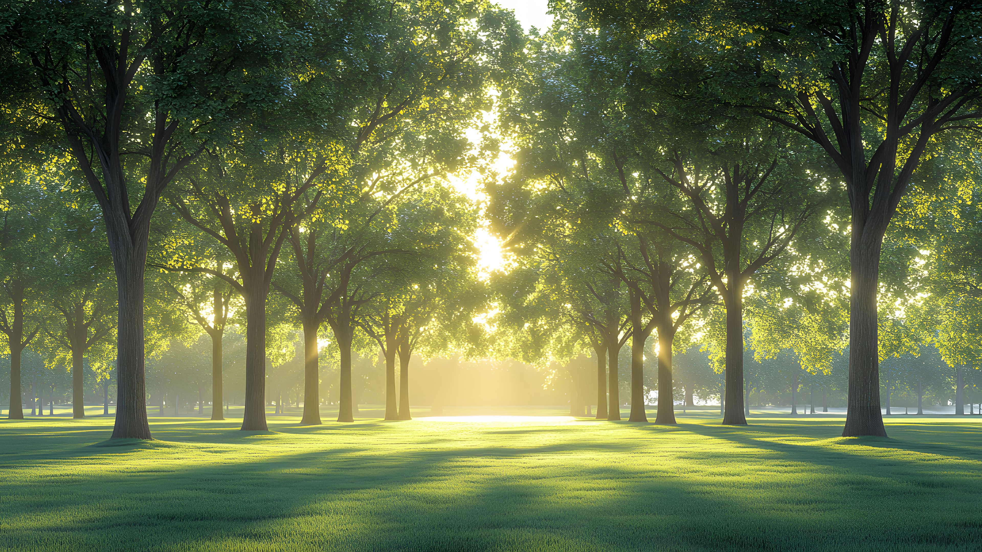Daytime, Nature, Grass, Green, Leaf, Natural environment, Branch, Natural landscape, atmospheric phenomenon, Sunlight, Trunk, Morning, Spring, Woody plant, Sunrise, Meadow, Lawn, Backlighting, Lens flare, Sun