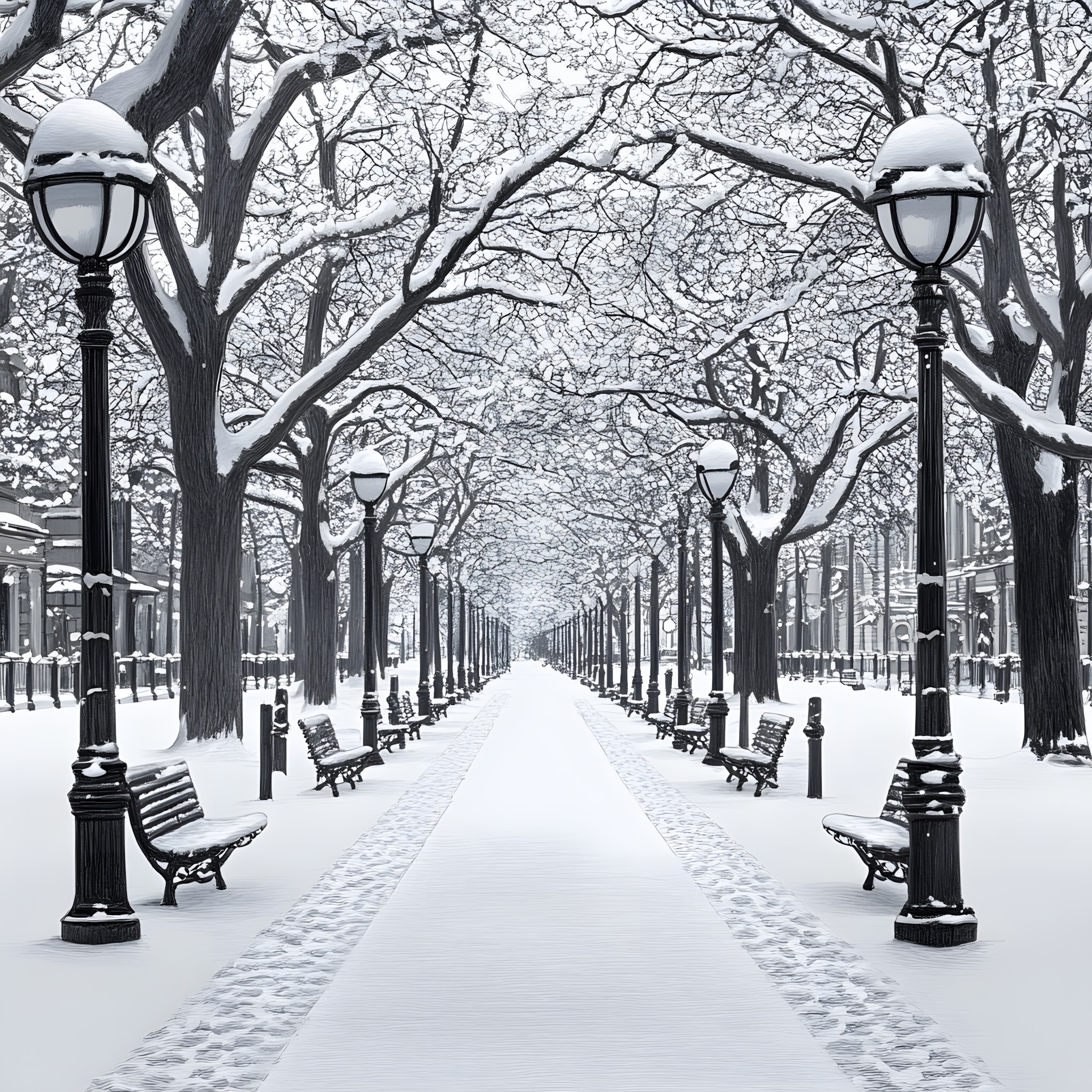 Branch, Snow, White, Winter, Freezing, Twig, Monochrome, Street light, Black and white, Precipitation, Winter storm, Frost, Sidewalk, Walkway, Light fixture, Grove, Path, Ice