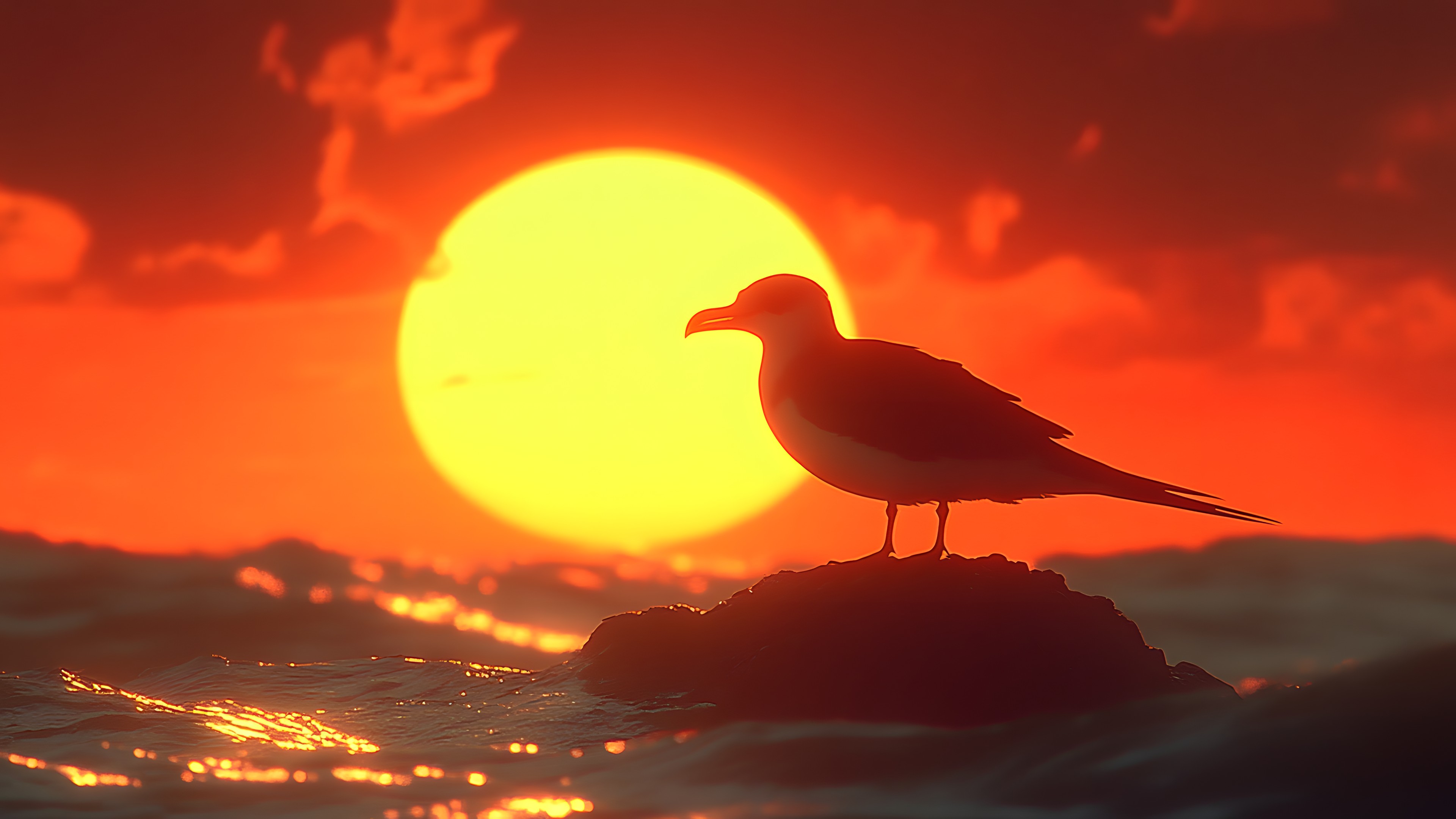 Bird, Beak, Seabird, Sun, Sunset, Afterglow, Wing, Orange, Sunrise, Liquid, Gulls, Lari, Astronomical object, Dusk, Evening, Sea, Morning, Red sky at morning, Sunlight, Feather