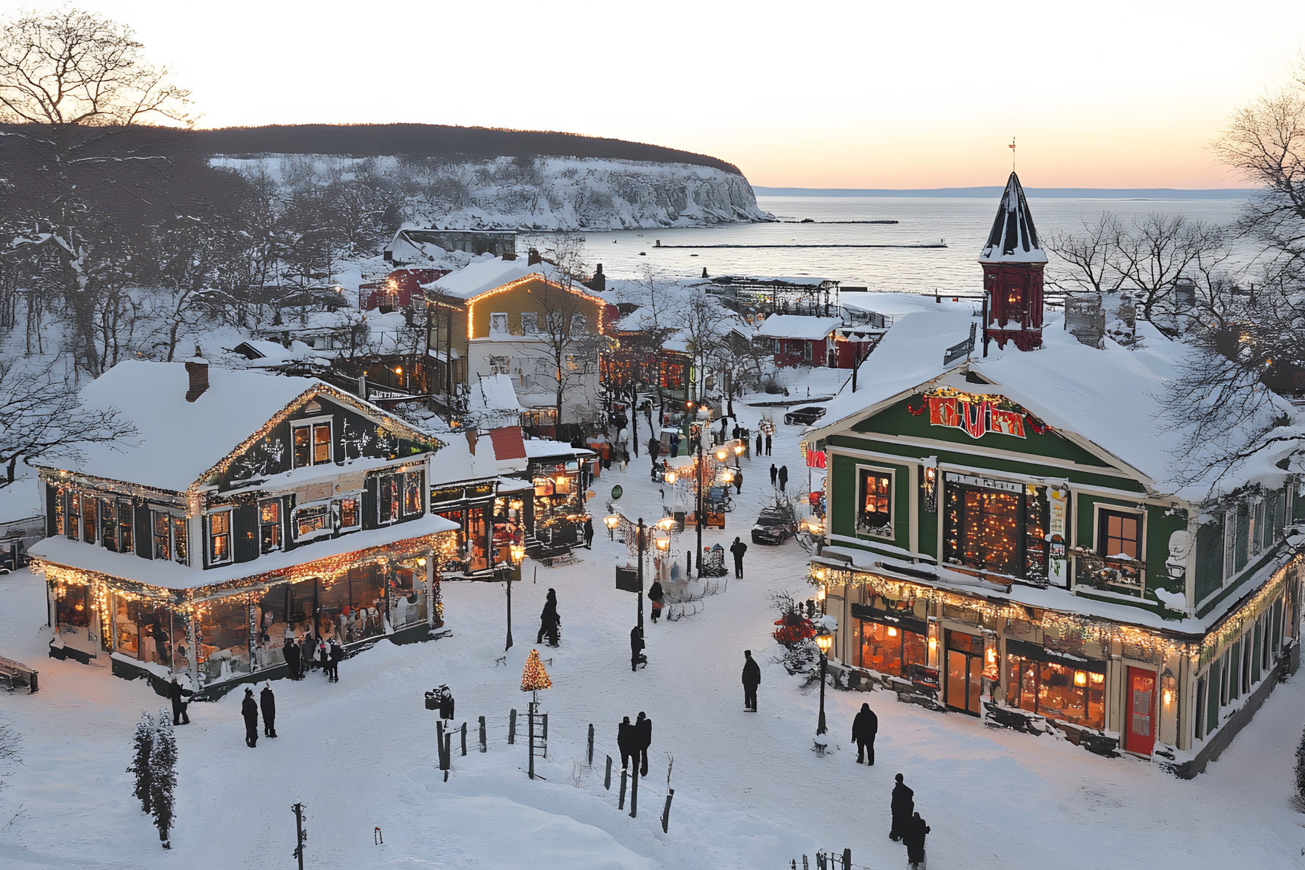 Town, Winter, Tourist attraction, Snow, Freezing, Evening, Night, Ski resort, Holiday, Resort town, Precipitation