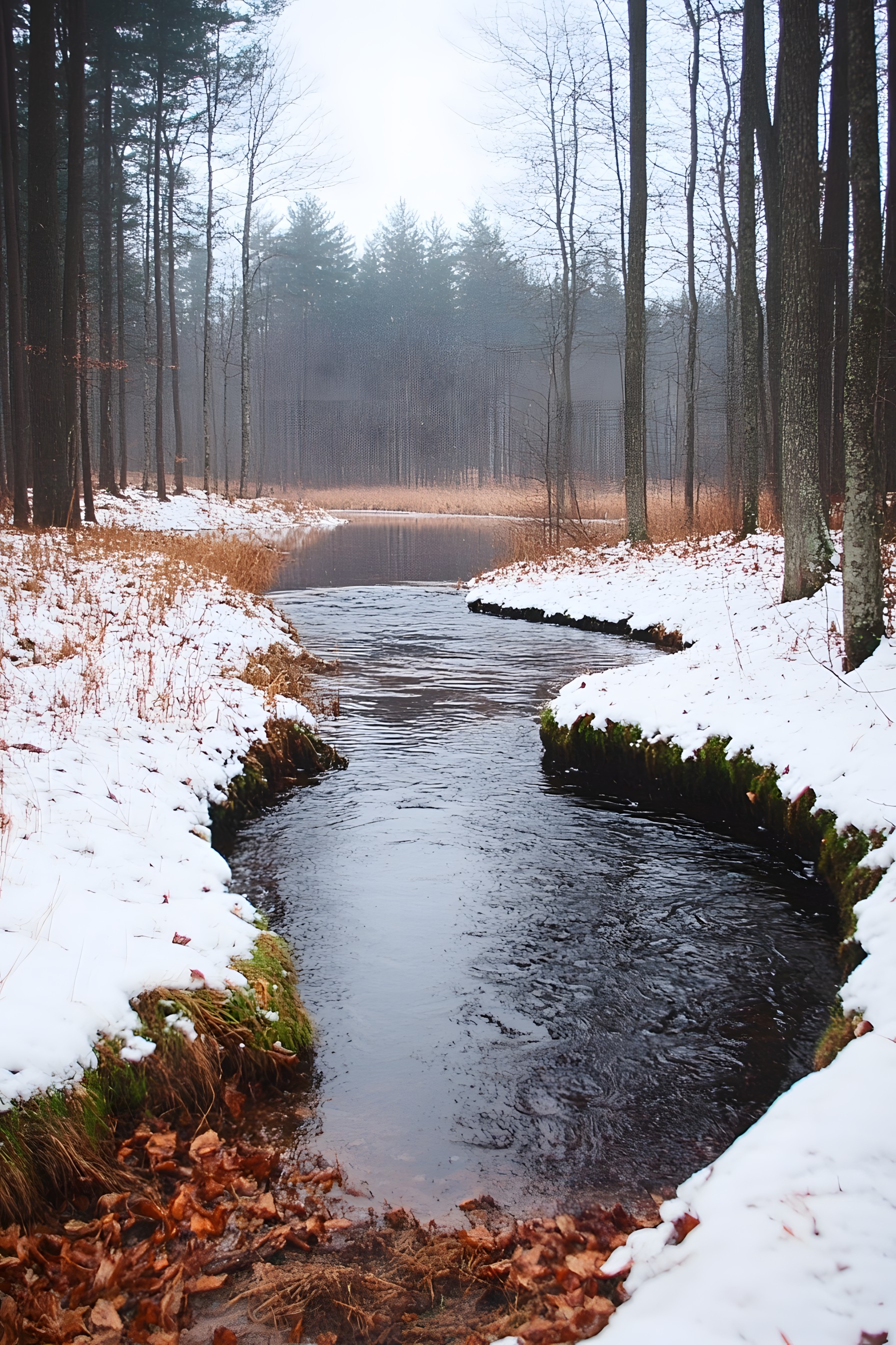 Water, Body of water, Natural environment, Nature, Natural landscape, Watercourse, Stream, Bank, Reflection, Forest, Wilderness, Winter, Trunk, Fluvial landforms of streams, Wetland, Woodland, Northern hardwood forest, Riparian zone, Twig, Freezing