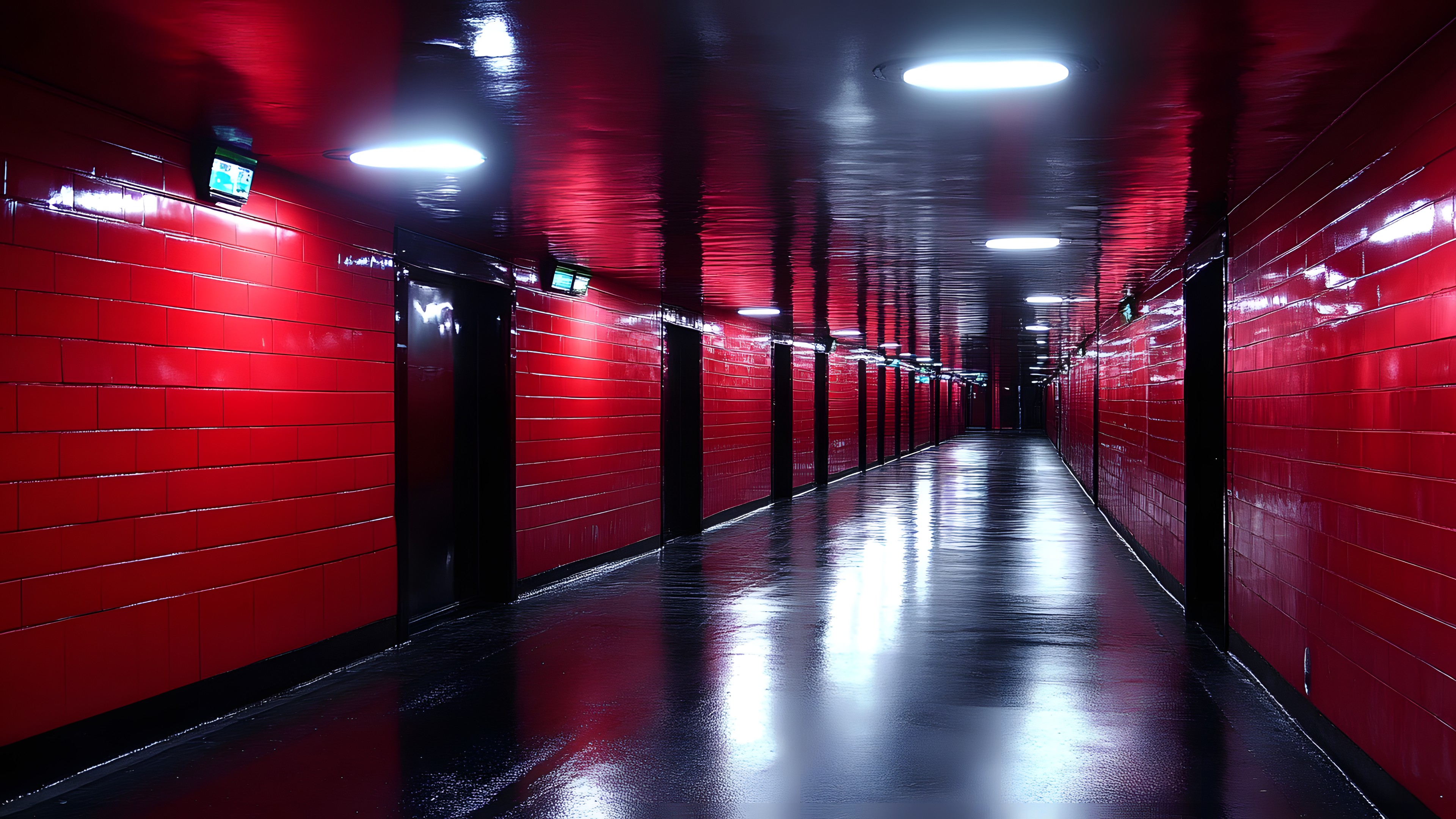 Red, Flooring, Lighting, Floor, Darkness, Electricity, Ceiling, Light fixture, Night, Subway, Symmetry, Electrical Supply, Cleanliness, Fluorescent lamp, Security lighting