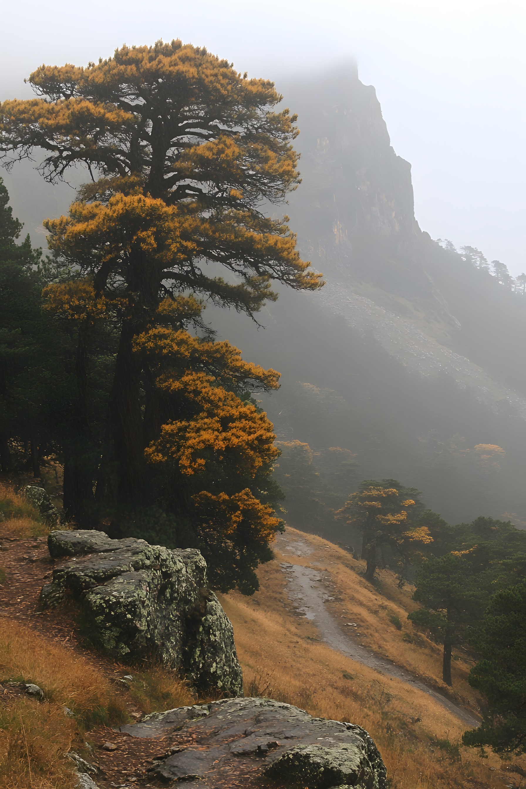 Rock, atmospheric phenomenon, Highland, Hill station, Geological formation, Mist, Outcrop, Bedrock, Valley, Fell, Chaparral, Conifers, Haze, Fog, National park, Massif, Pine family