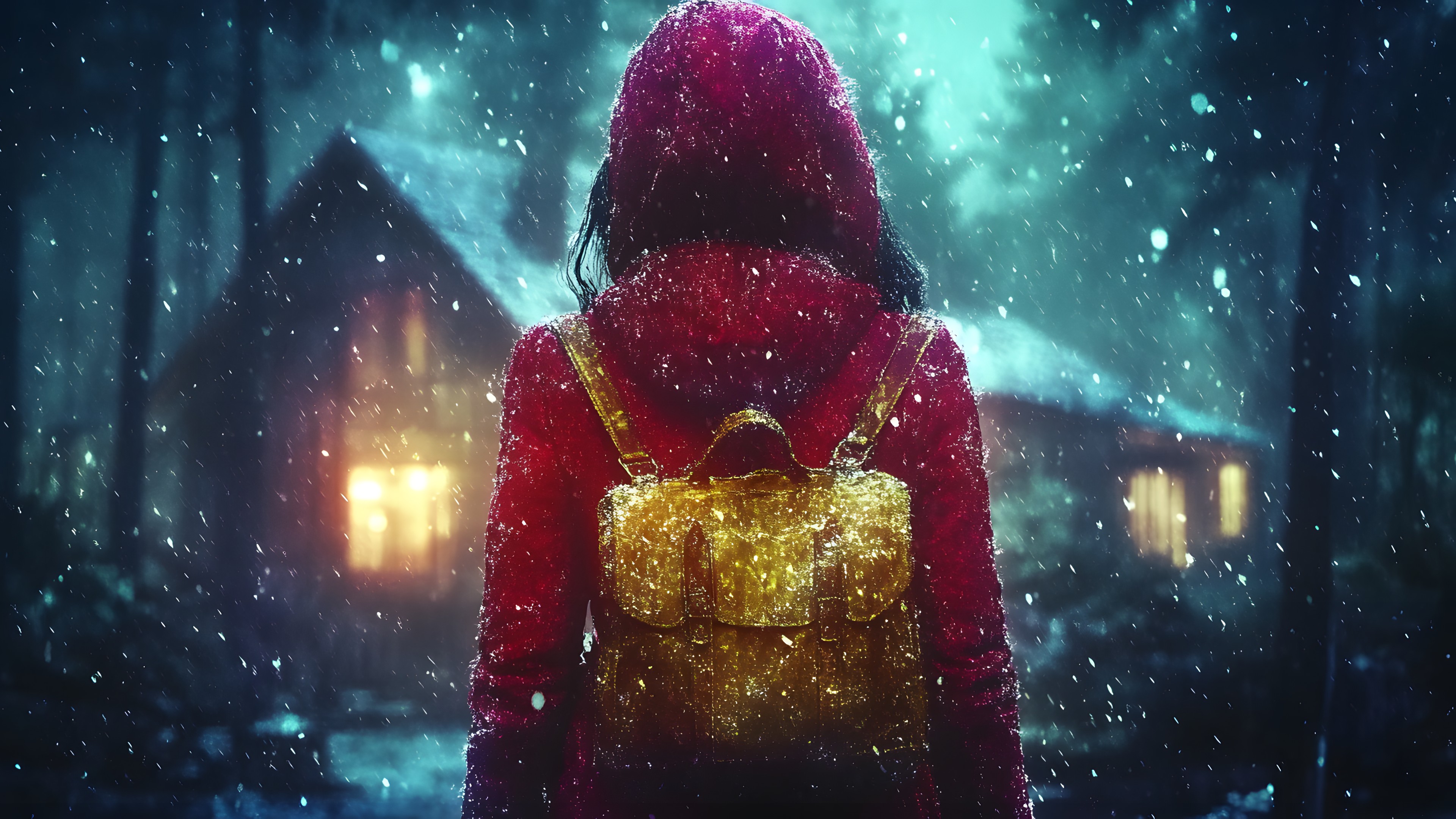 Winter, Hood, Night, Lens flare, Precipitation