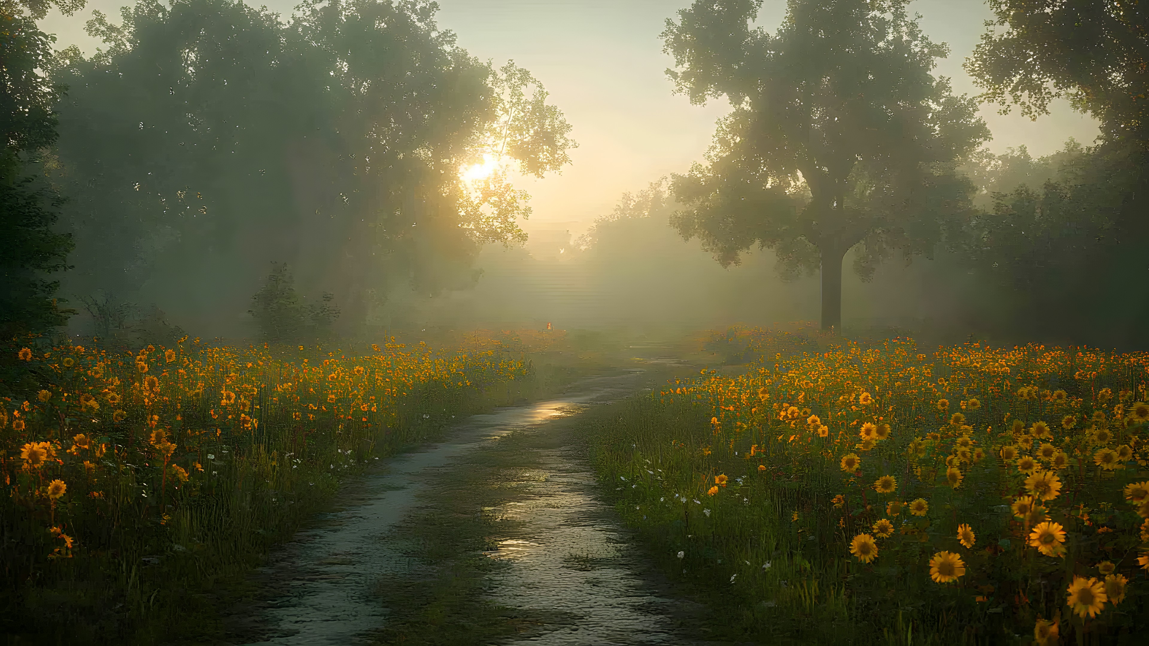 Flower, Plants, Yellow, atmospheric phenomenon, Mist, Fog, Sunrise, Haze, Morning, Wildflower, Sunlight, Meadow, Field, Herbaceous plant, Evening, Lens flare, Plantation, Sun, Backlighting, Sunset