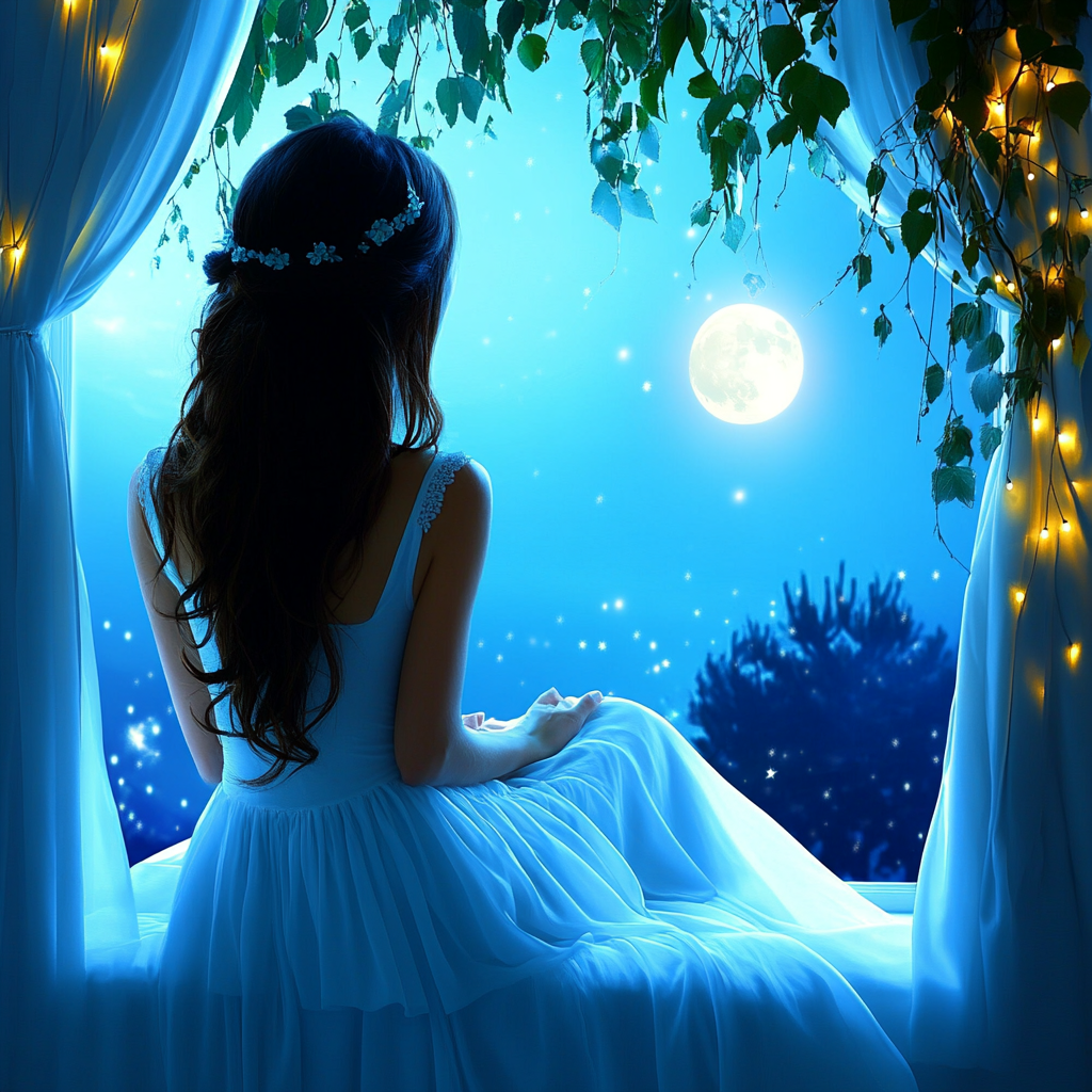 Blue, Astronomical object, Moon, Moonlight, Night, Celestial event, CG artwork, Animation, Full moon, Star, Fictional character