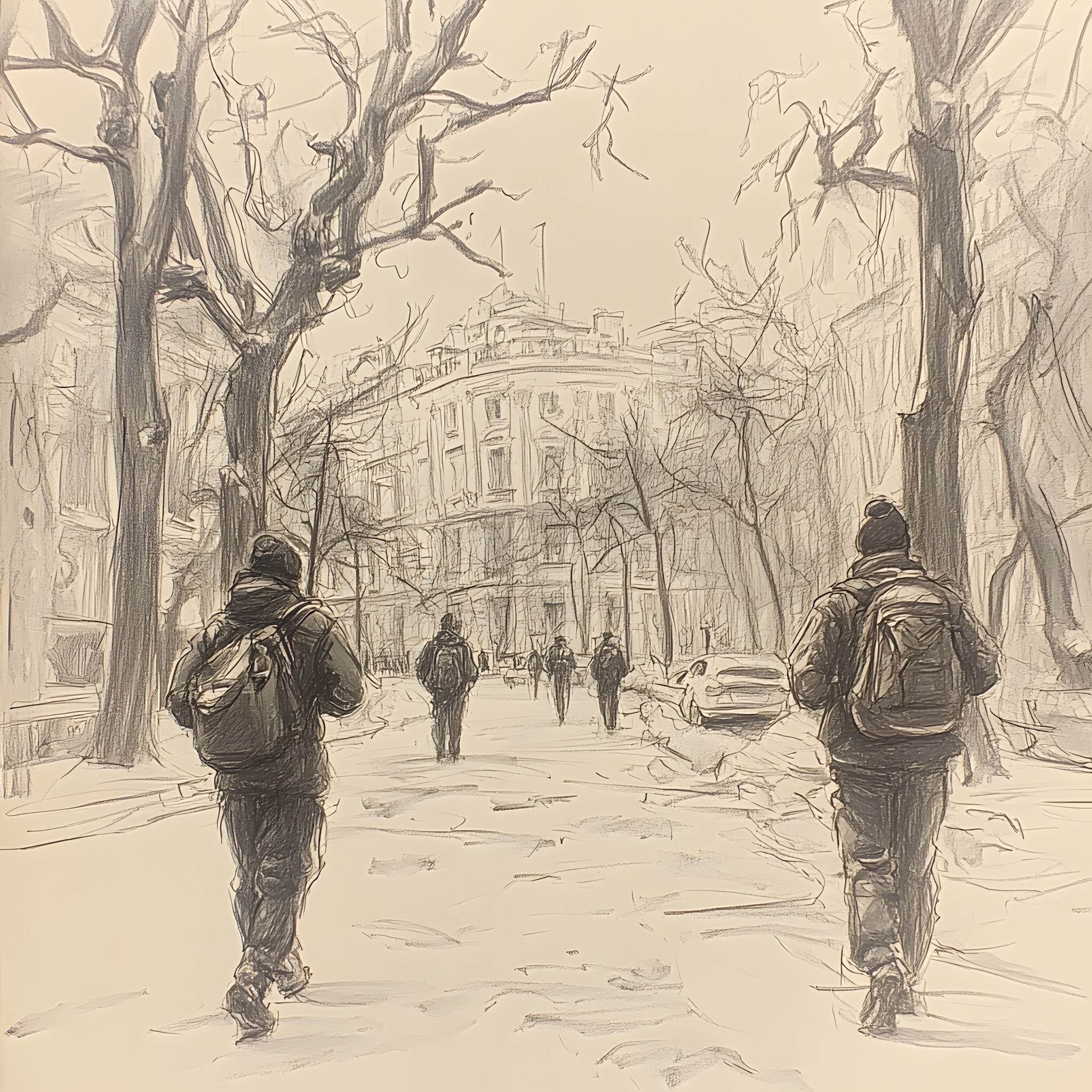 Winter, Drawing, Visual arts, Pedestrian, Walking, Sketch, Snow, Freezing