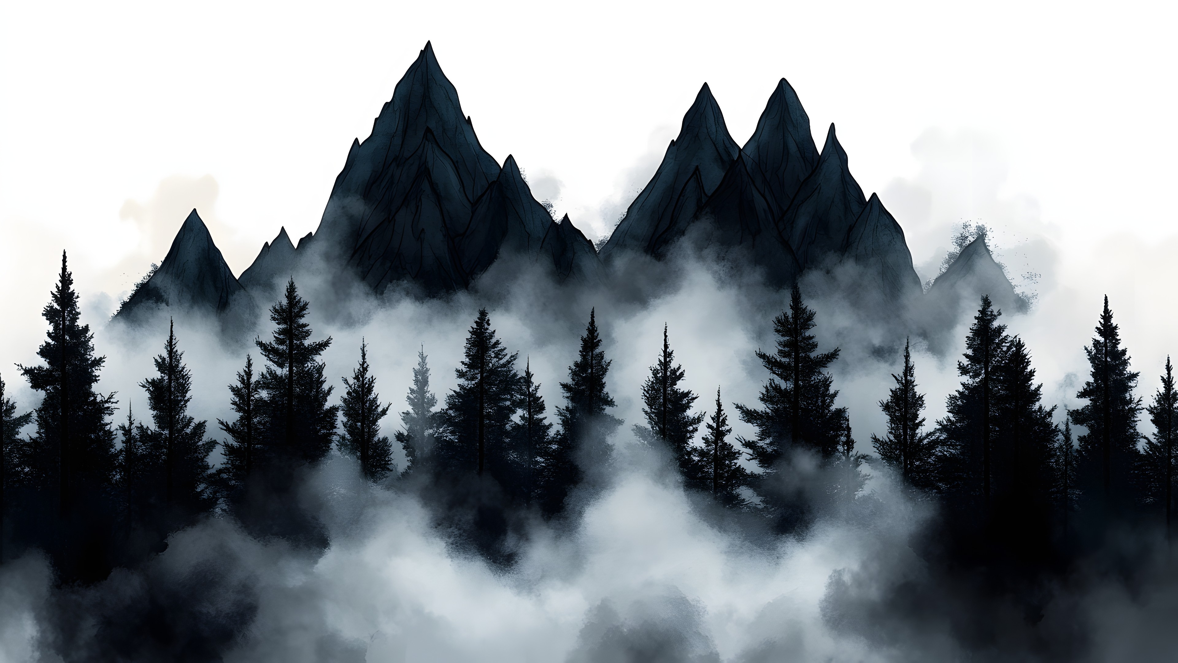 Mountain, atmospheric phenomenon, Wilderness, Forest, Hill station, Mist, Fog, Mountain range, Black and white, Spruce-fir forests, Larch, Tropical and subtropical coniferous forests, Ridge, Winter, Conifers, Evergreen, Meteorological phenomenon, Summit, Old-growth forest, Alps