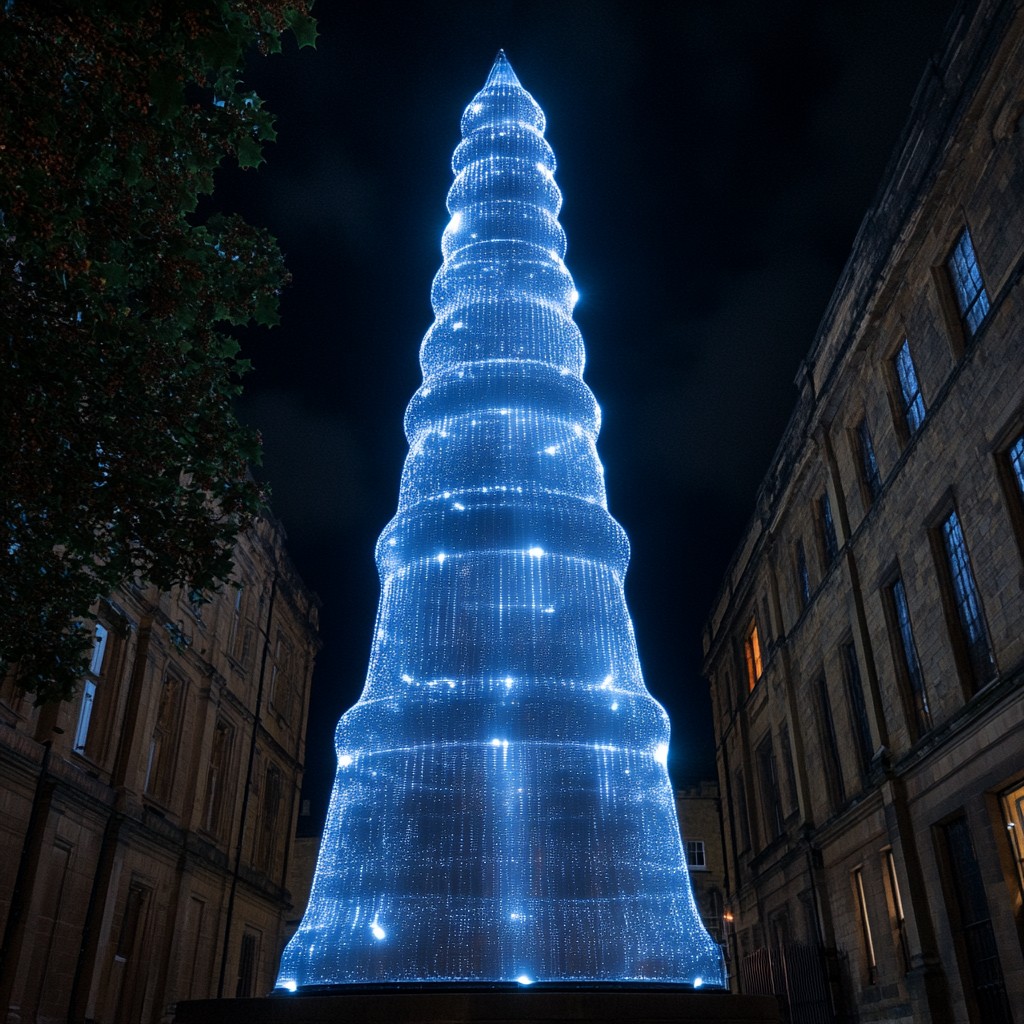 Building, World, Sky, Light, Window, Electricity, Cone, Christmas decoration, Facade, Gas, City, Landmark, Symmetry, Electric blue, Tower block, Midnight, Art, Finial, Steeple, Metropolis