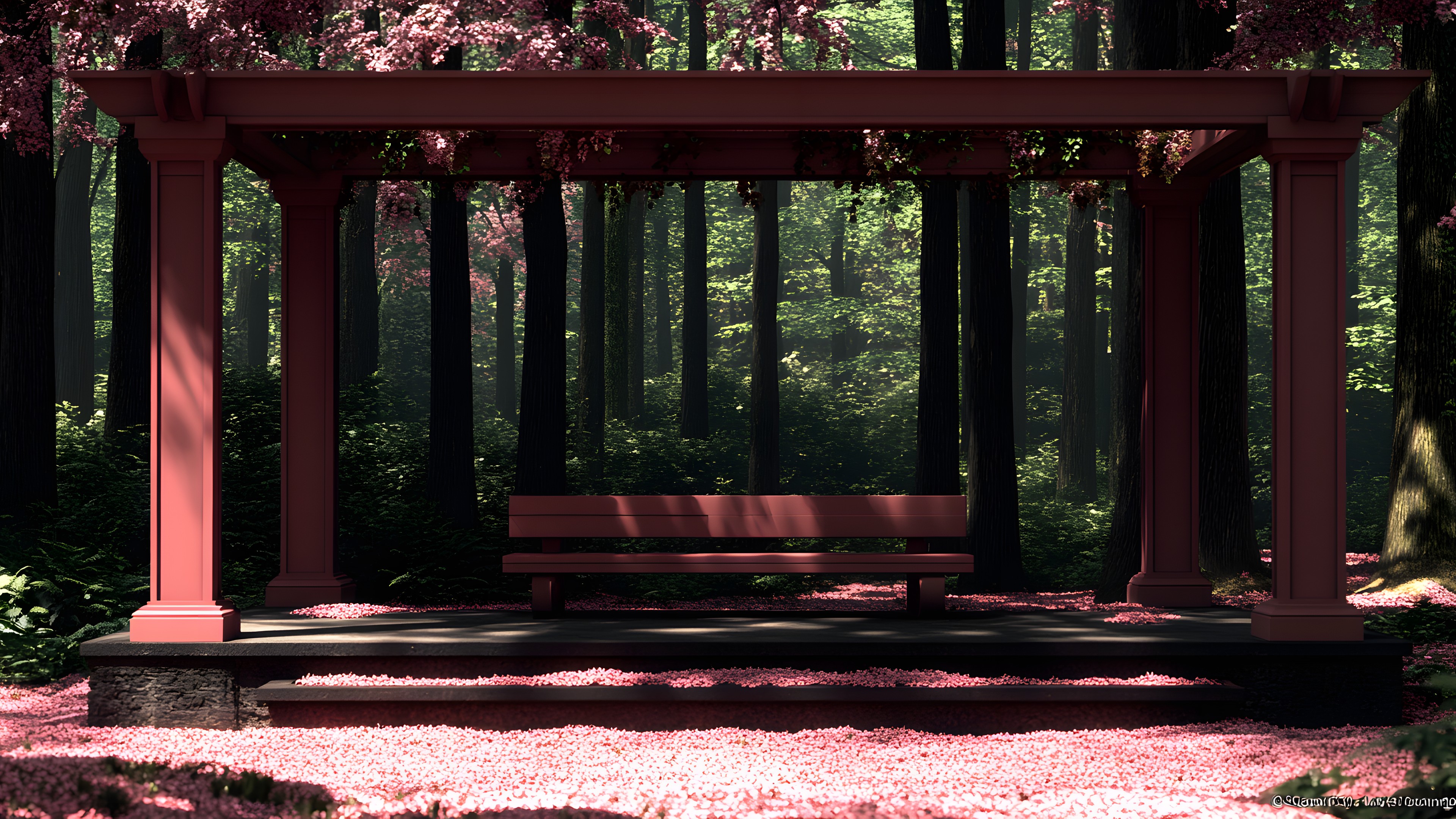 Wood, Garden, Forest, Spring, Gazebo, Shade, Woody plant, Outdoor Structure, Park, Woodland, Landscaping, Pavilion, Pergola, Column, Wood stain, Jungle, Design, Hardwood, Botanical garden, Grove