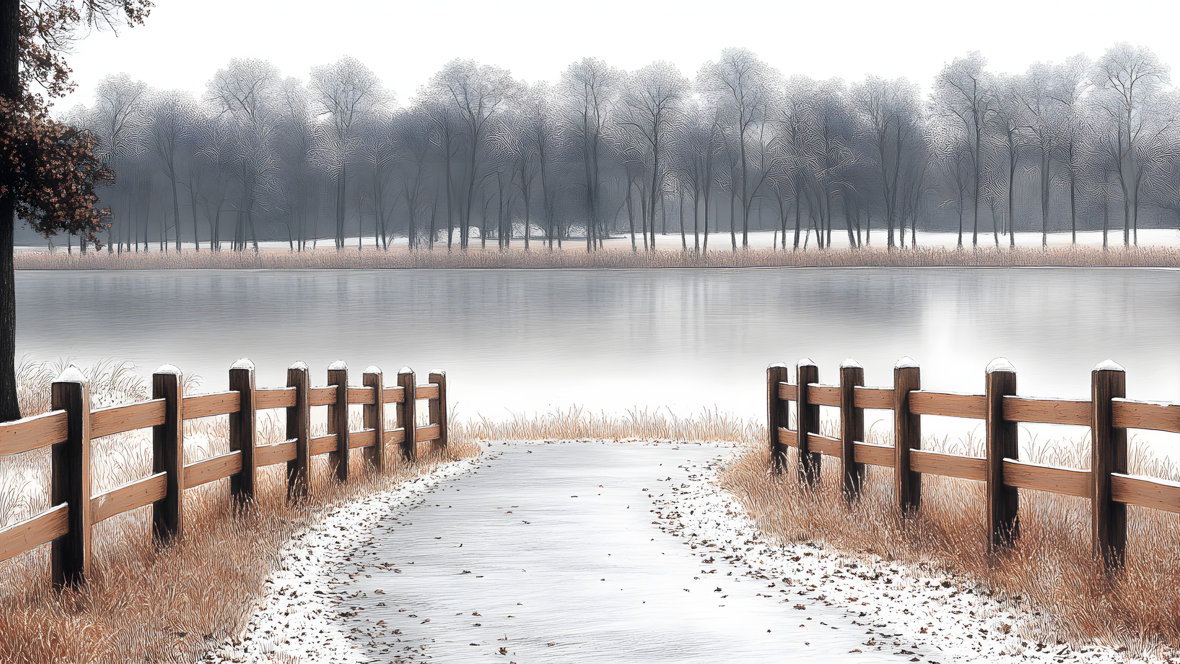 Winter, Wood, atmospheric phenomenon, Snow, Freezing, Mist, Frost, Fence, Morning, Fog, Split-rail fence, Reflection, Precipitation, Ice, Home Fencing, Haze