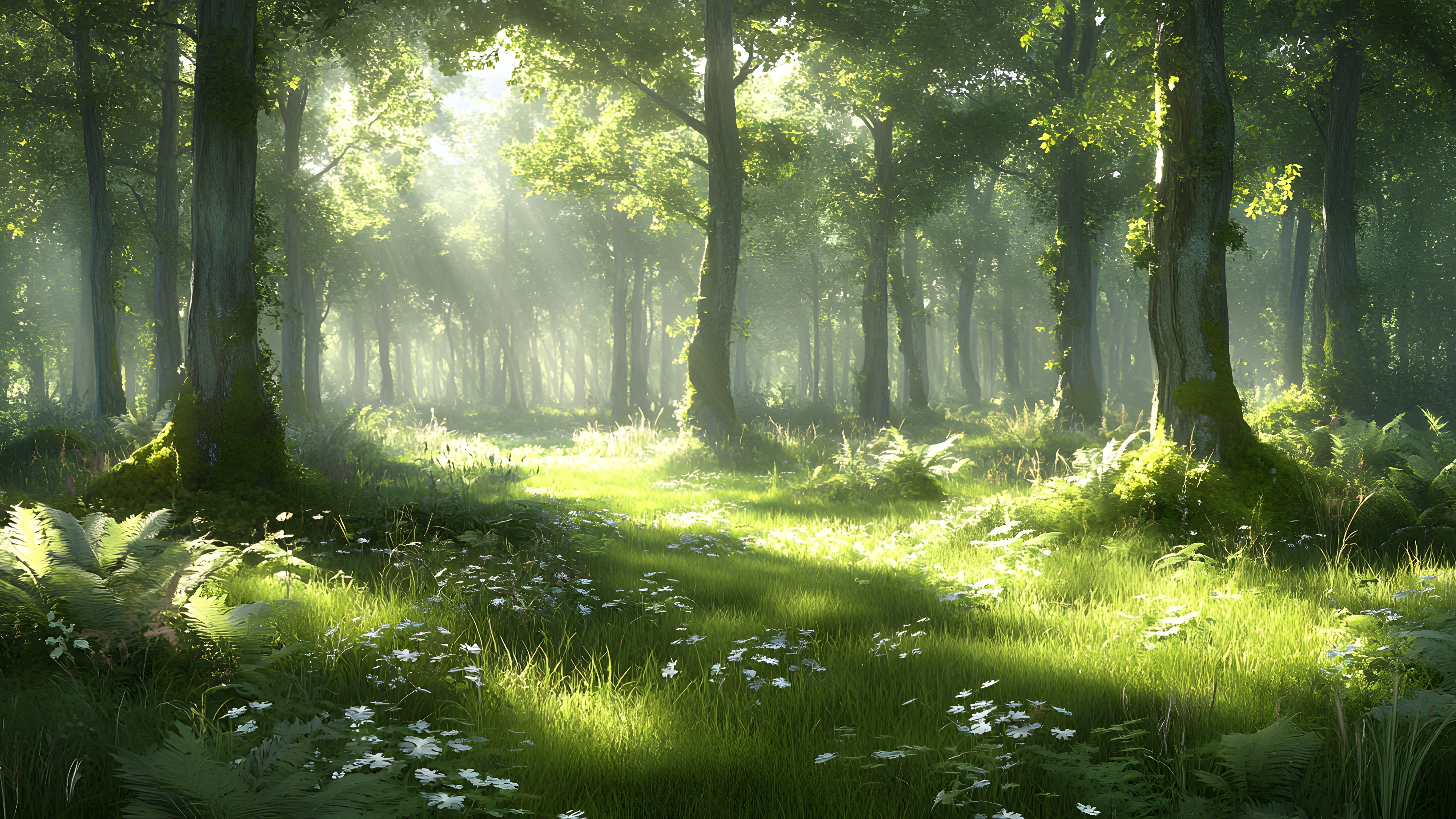 Nature, Natural environment, atmospheric phenomenon, Natural landscape, Vegetation, Forest, Jungle, Wilderness, Plant community, Woodland, Northern hardwood forest, Grove, Mist, Grasses, Old-growth forest, Trunk, Sunlight, Fog, Morning, Nature reserve