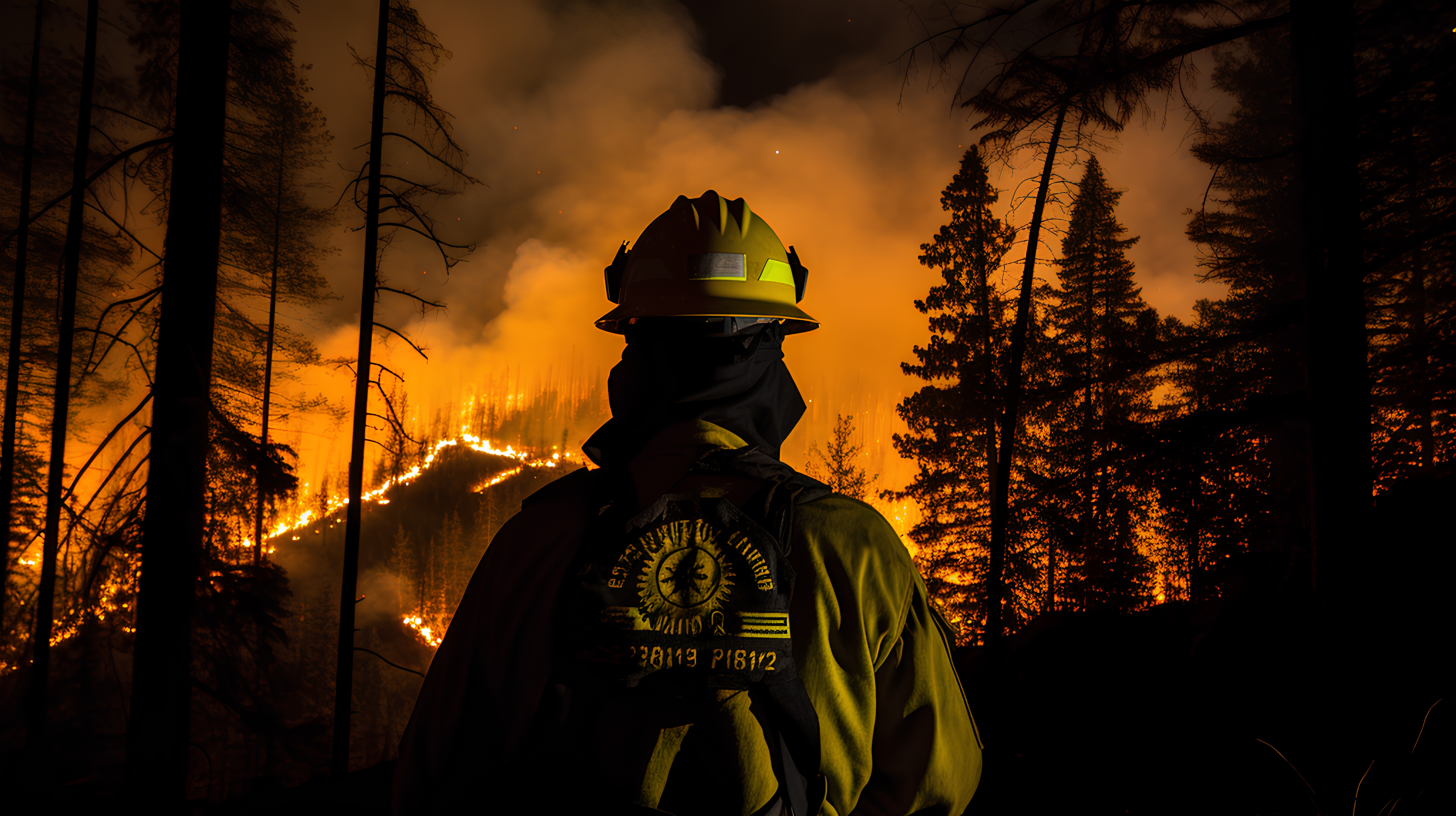 Sky, Helmet, Tree, Fire, Firefighter, Heat, Wildfire, Geological phenomenon, Forest, Workwear, Event, Personal protective equipment, Flame, Hazmat suit, Fire department, Landscape, Emergency service, Service, Darkness, Plant