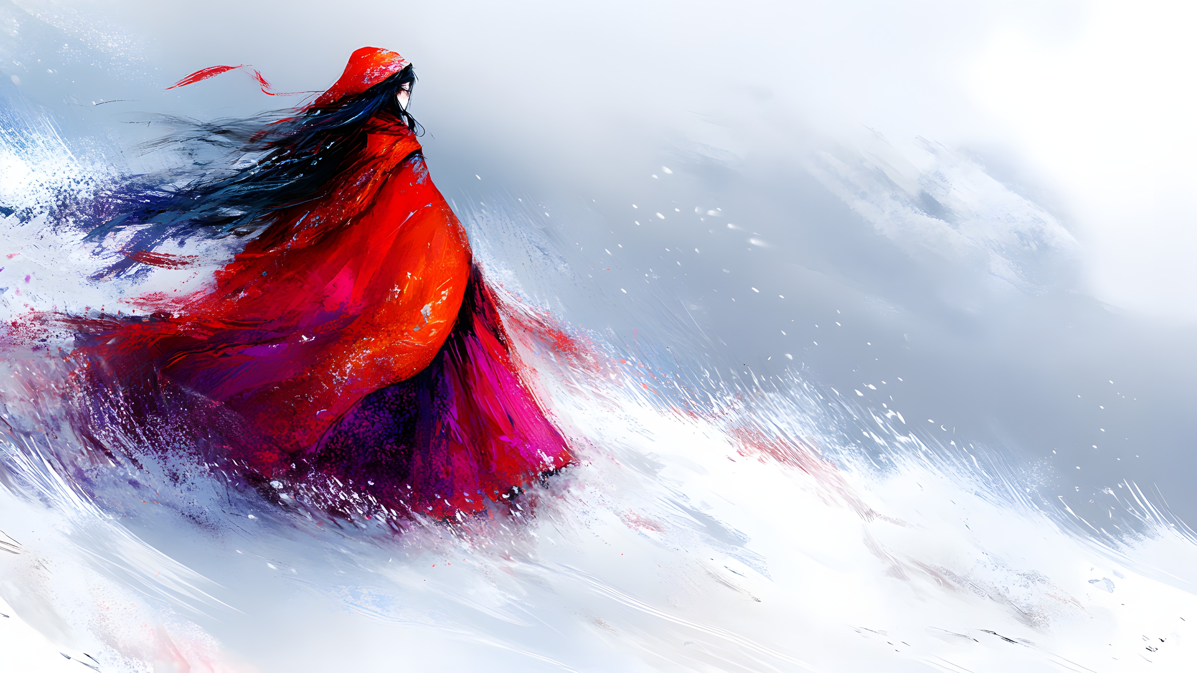 Red, Winter, CG artwork, Fictional character, Watercolor painting, Graphics, Wind, Snow, Animation, Cloak