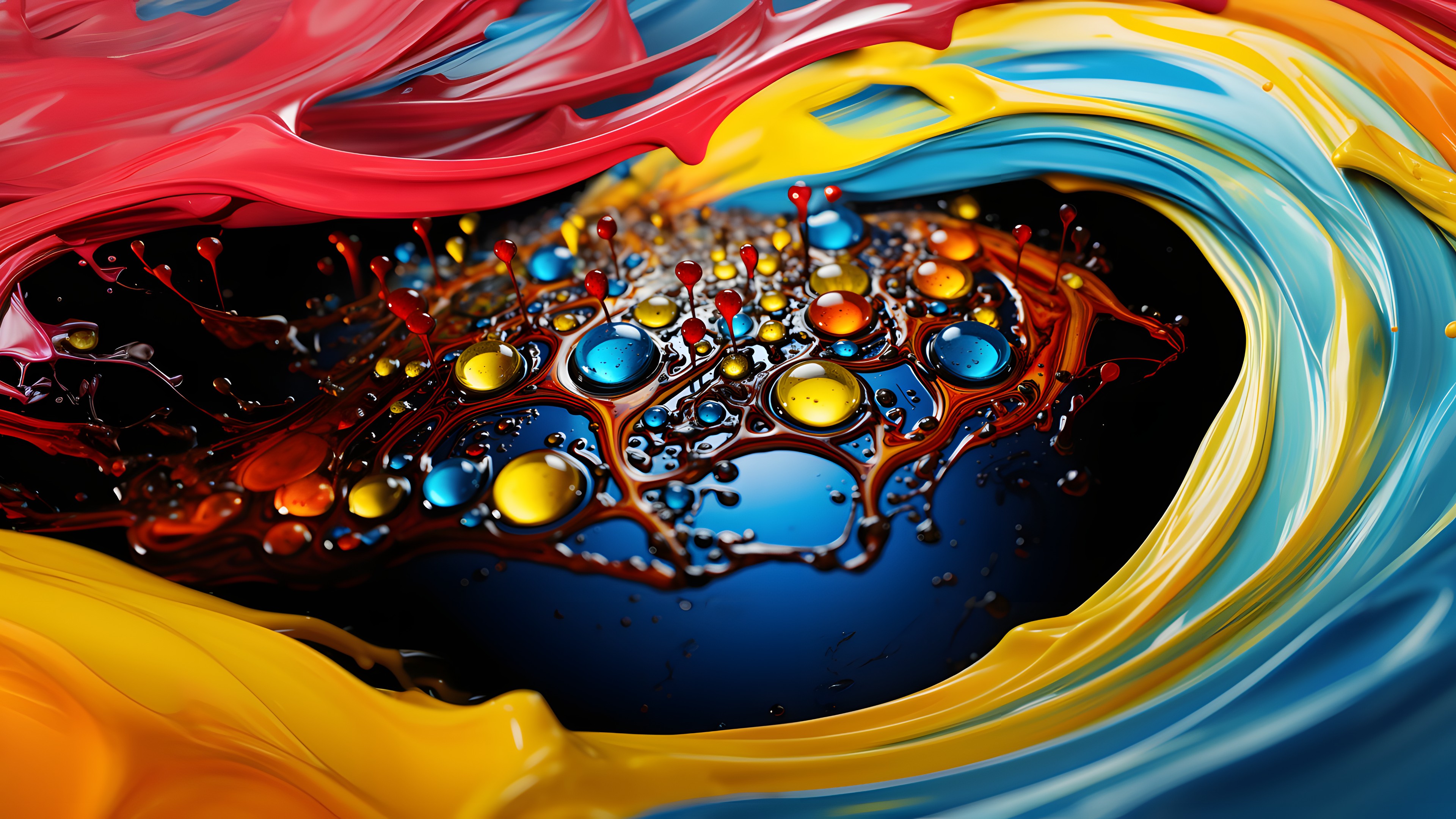 Liquid, Fluid, Yellow, Art, Pattern, Electric blue, Glass, Circle, Visual arts, Graphics, Macro photography, Event, Fractal art, Paint