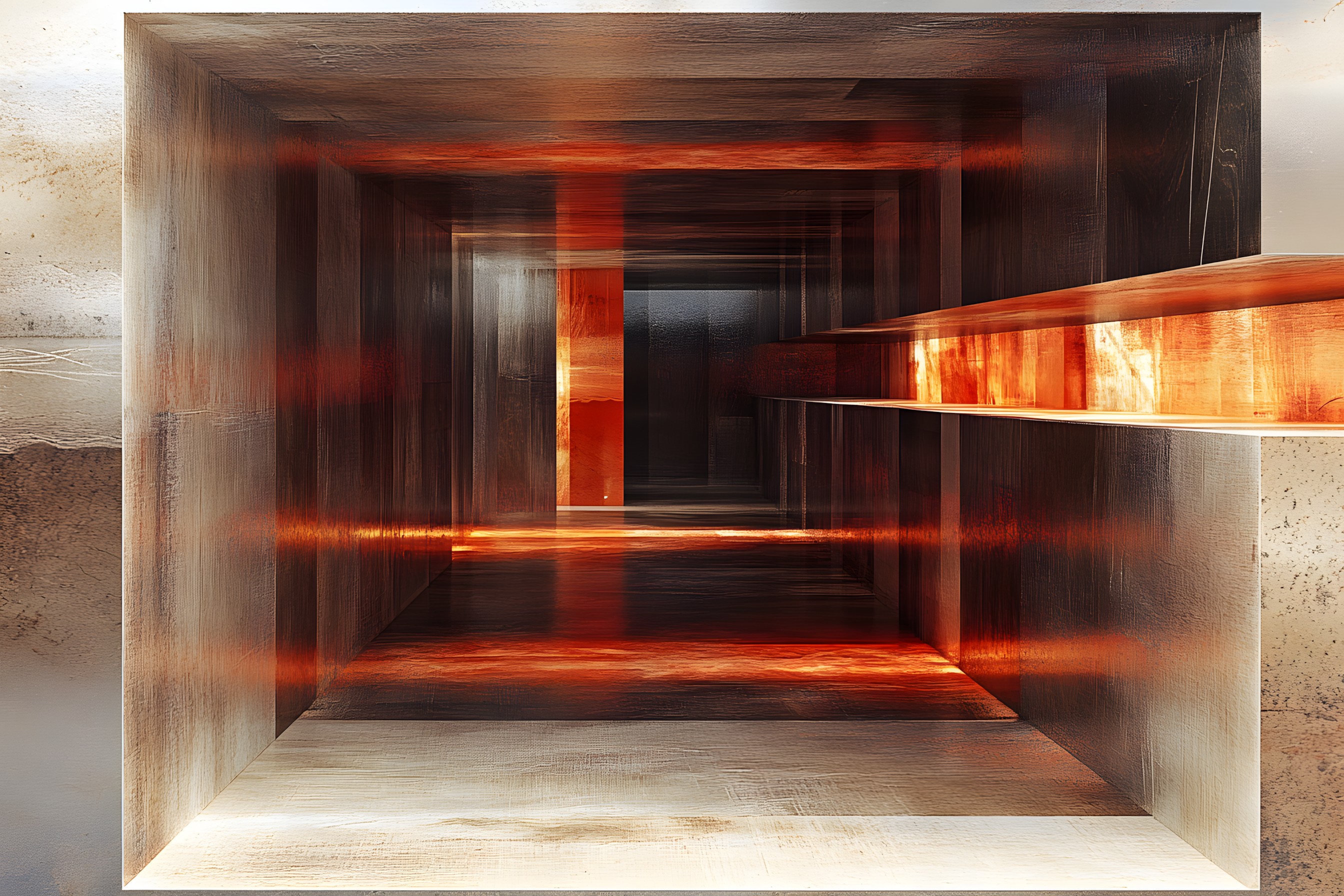 Red, Wood, Brown, Composite material, Orange, Wood stain, Reflection, Metal, Design, Symmetry, Hardwood, Building material, Varnish, Plank, Transparency