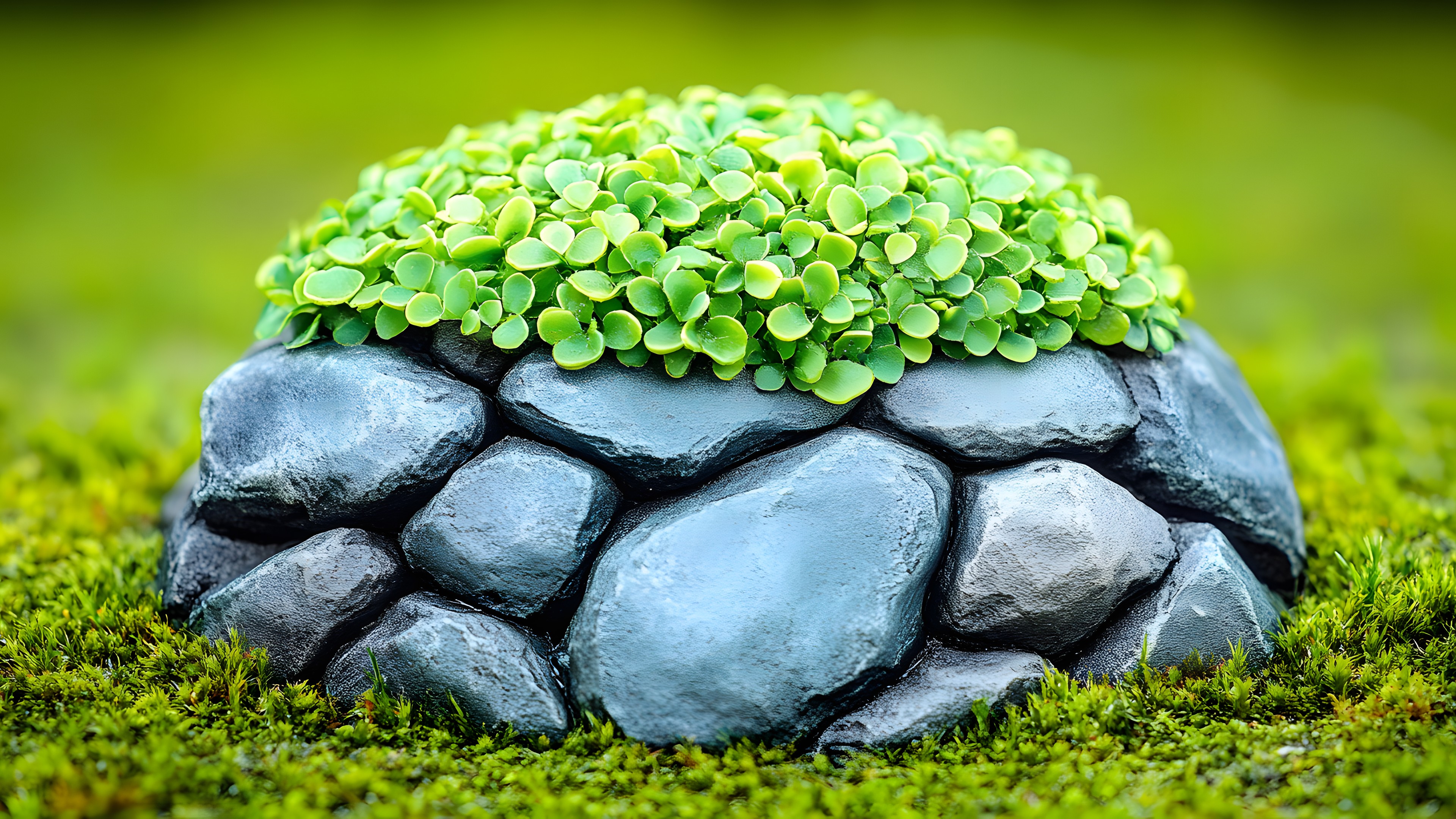 Green, Rock, Pebble, Natural material, Environmental art, Cobblestone, Moss