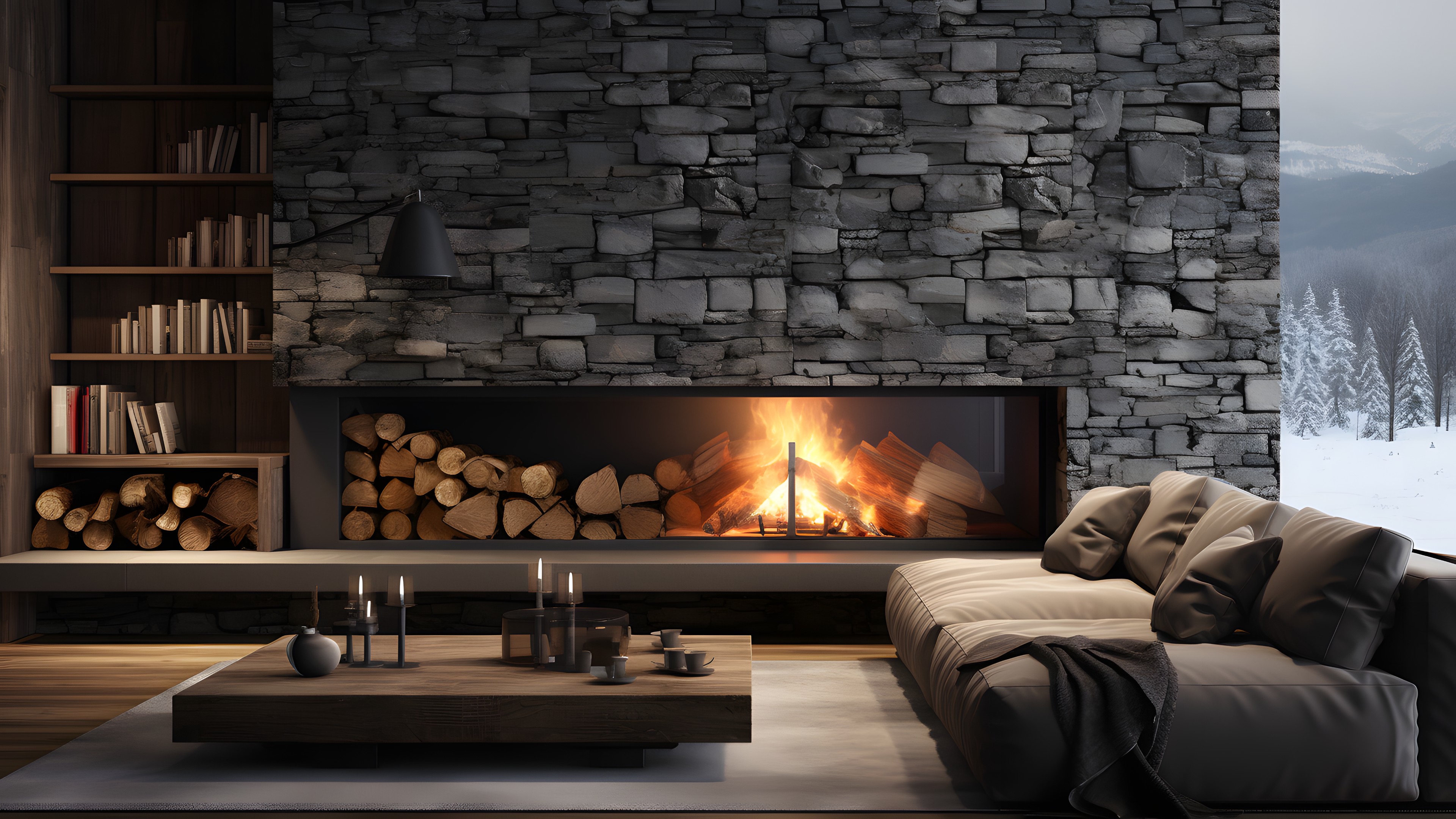 Furniture, Property, Wood, Hearth, Couch, Rectangle, Interior design, Lighting, Living room, Comfort, Building, Grey, Flooring, Floor, Shelf, Wall, Brick, Brickwork, Wood-burning stove, Heat