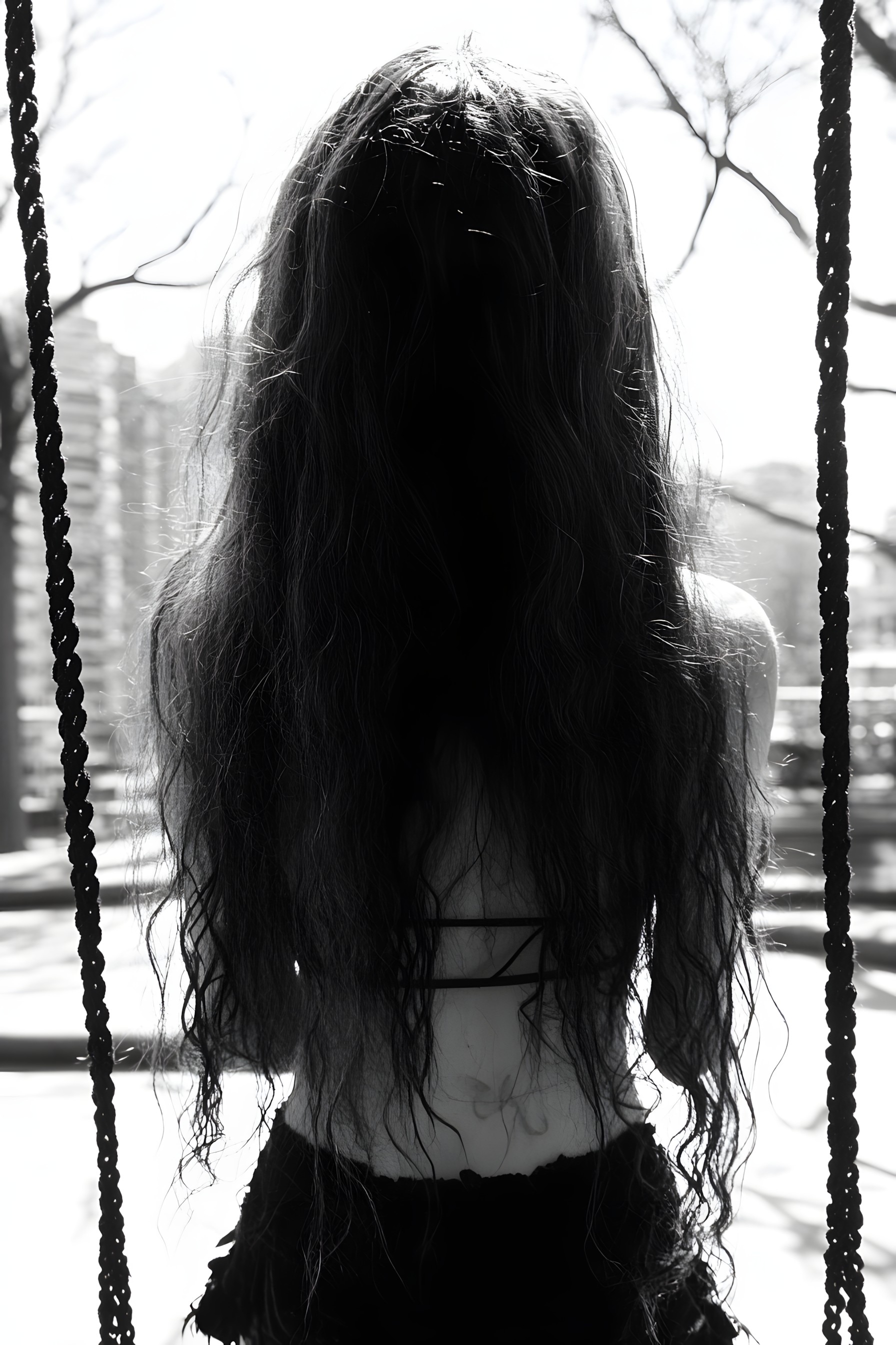 Monochrome photography, Black hair, Long hair, Monochrome, Black and white, Human back, Wind, Rope