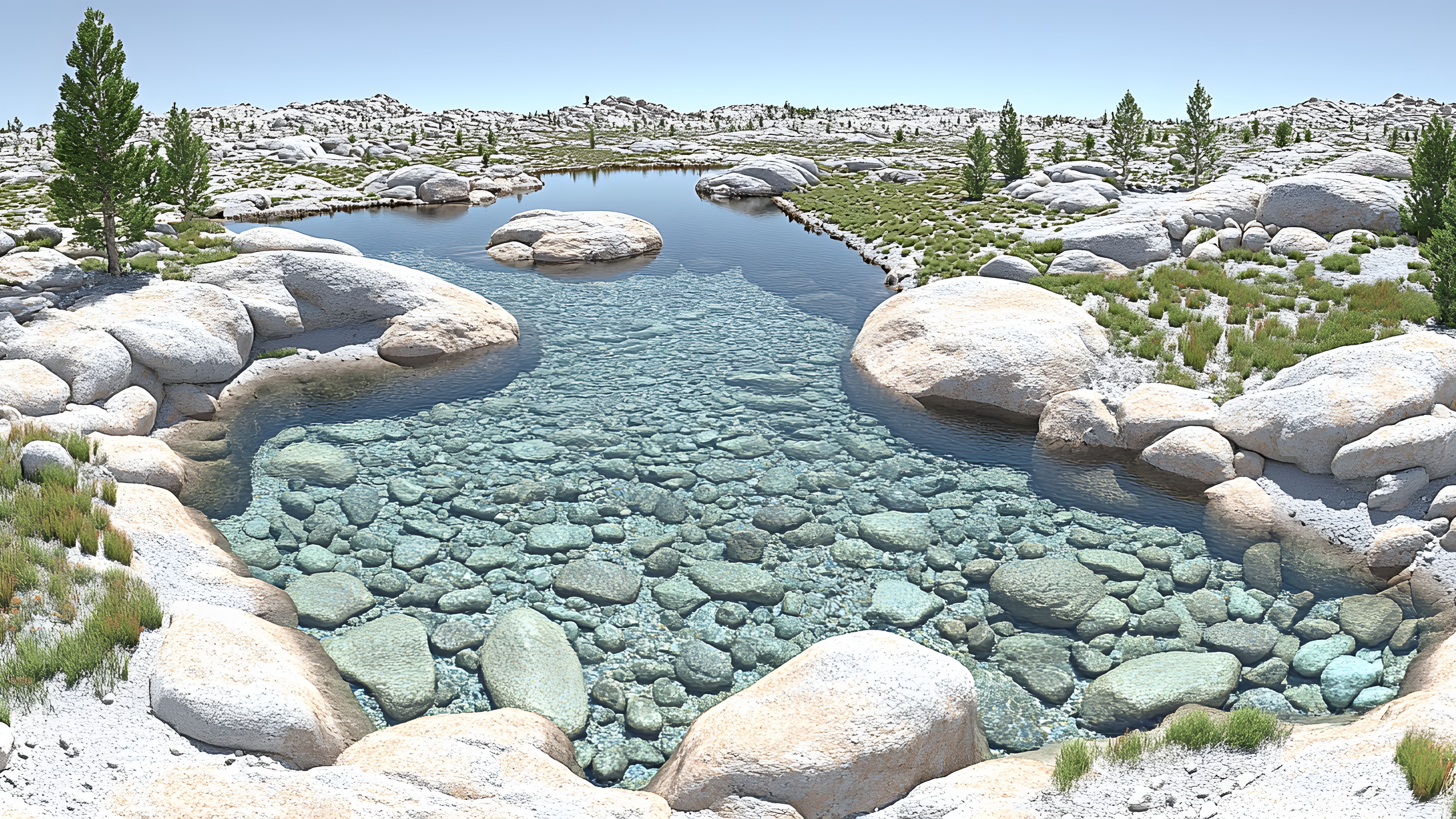 Water, Body of water, Rock, Natural landscape, Wilderness, Bedrock, Tarn, Mountain river, Reflection, Pond, Boulder, Reservoir, Lacustrine plain, Stream bed, Riparian zone, Stream, Mineral spring, Spring, Conifers, Outcrop