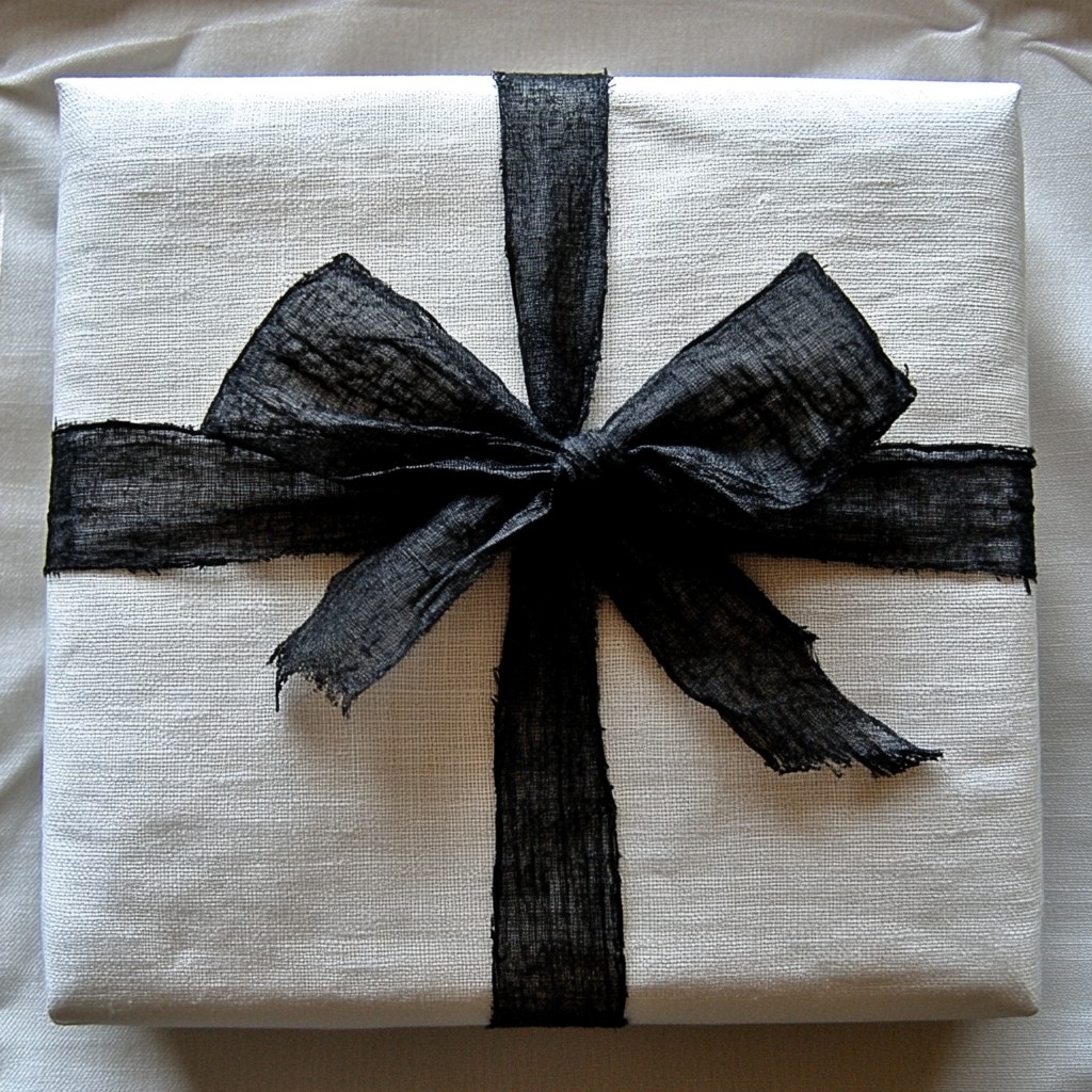 Black, Gift wrapping, Gift, Paper, Ribbon, Linens, Grey, Paper Product, Silver, Knot, Design, Party Supply, Party favor, Hair tie