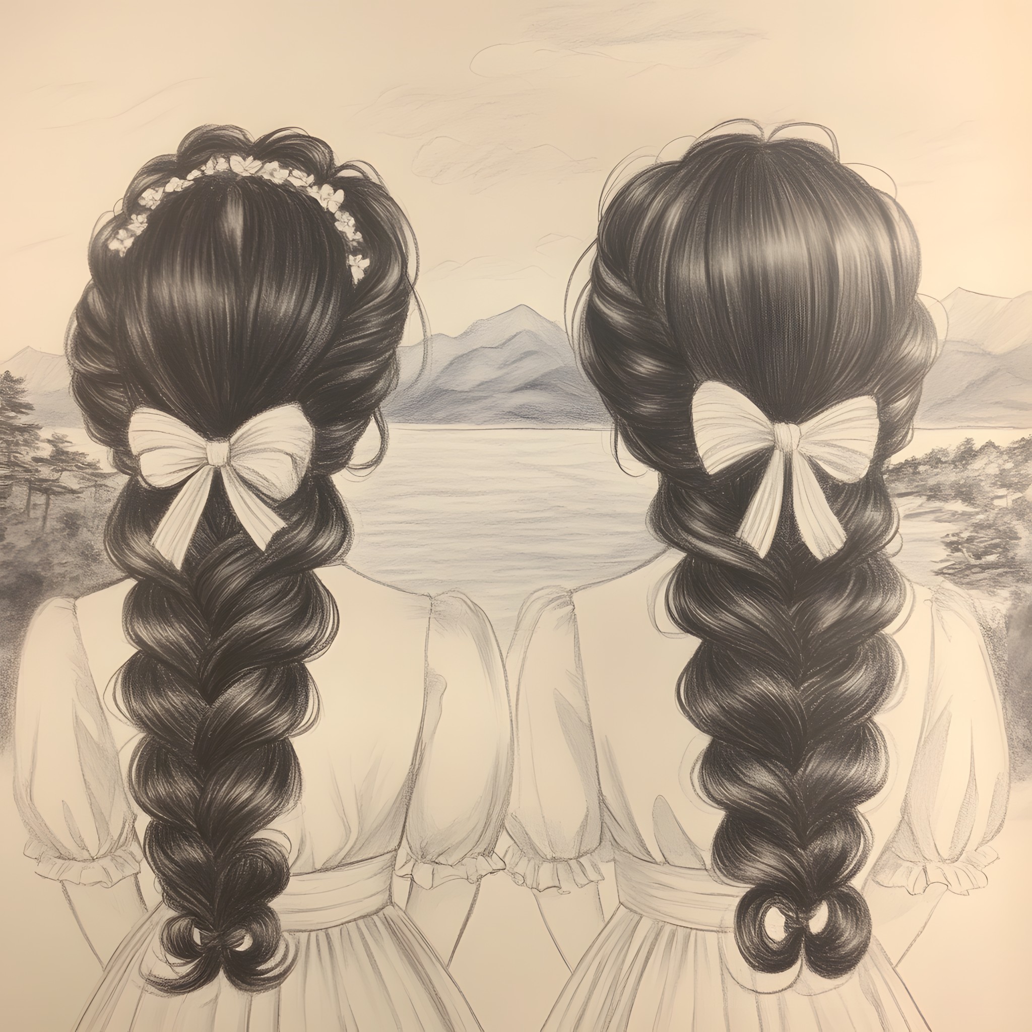 Monochrome, Long hair, Bun, Pigtail, Braid, Line art, Human back, Sketch, Fashion illustration, Child, Headpiece, Love, Bangs