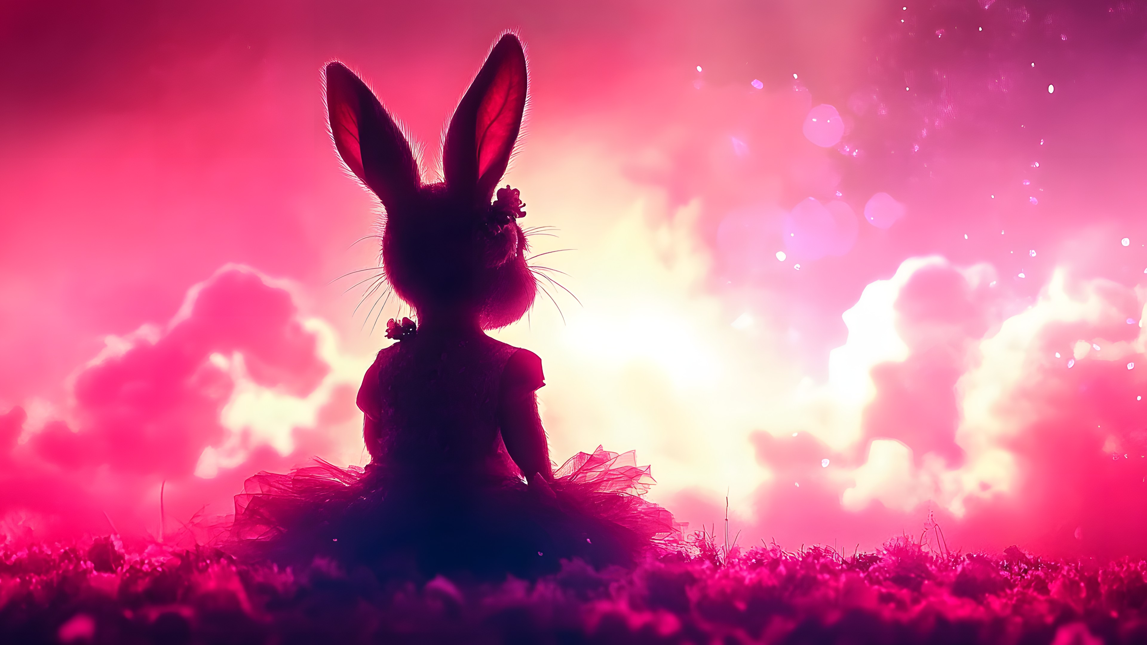 Pink, Leporids, Rabbit, Happiness, Animation, Dusk, Easter Bunny, Graphics, Lens flare, Fictional character, Red sky at morning, Sunrise, Sunset, Hare, Animated cartoon