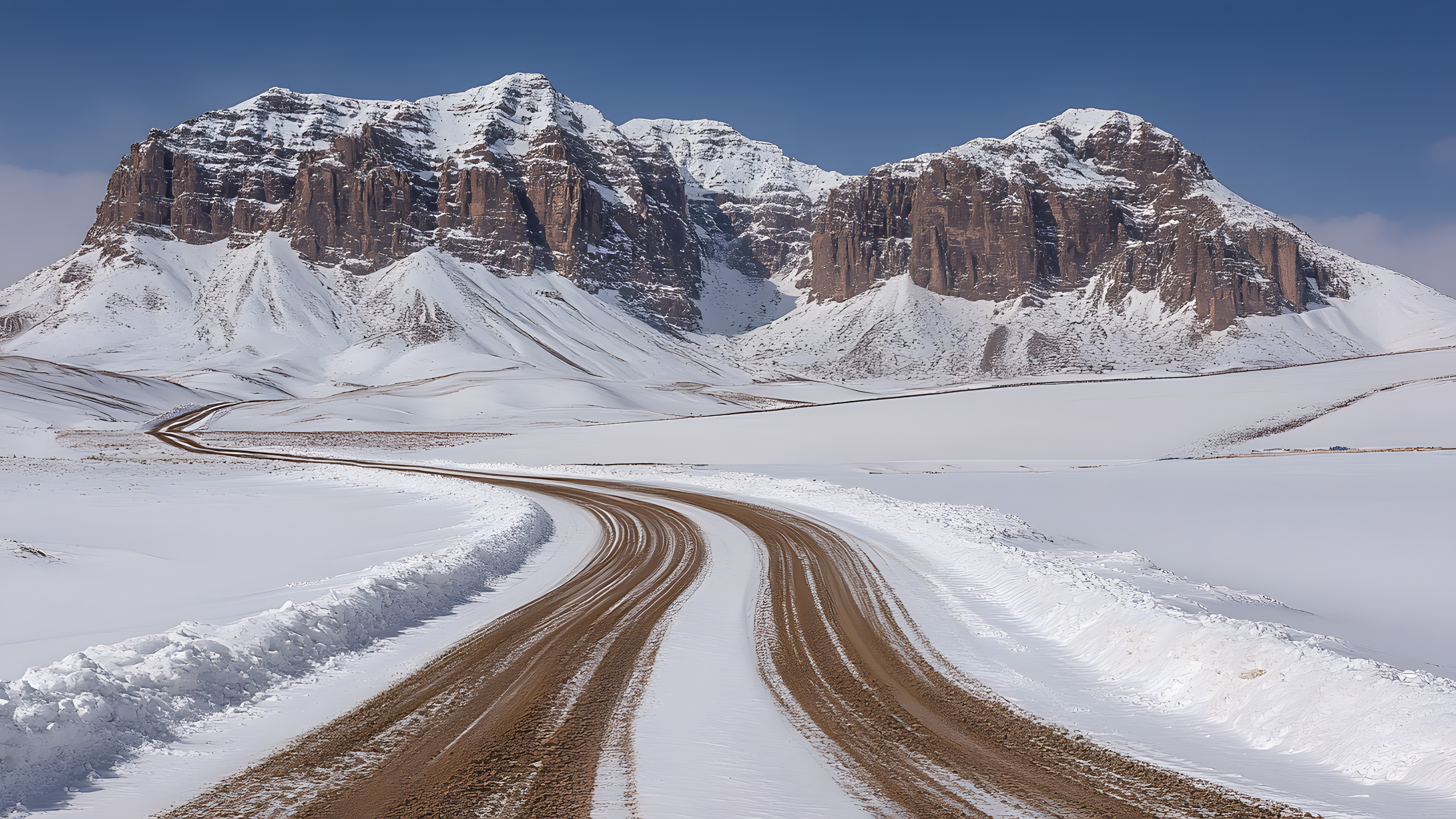 Sky, Snow, Mountain, Natural landscape, Slope, Tree, Freezing, Landscape, Plant, Mountainous landforms, Glacial landform, Road surface, Geological phenomenon, Mountain range, Road, Asphalt, Winter, Ice cap, Hill, Highway